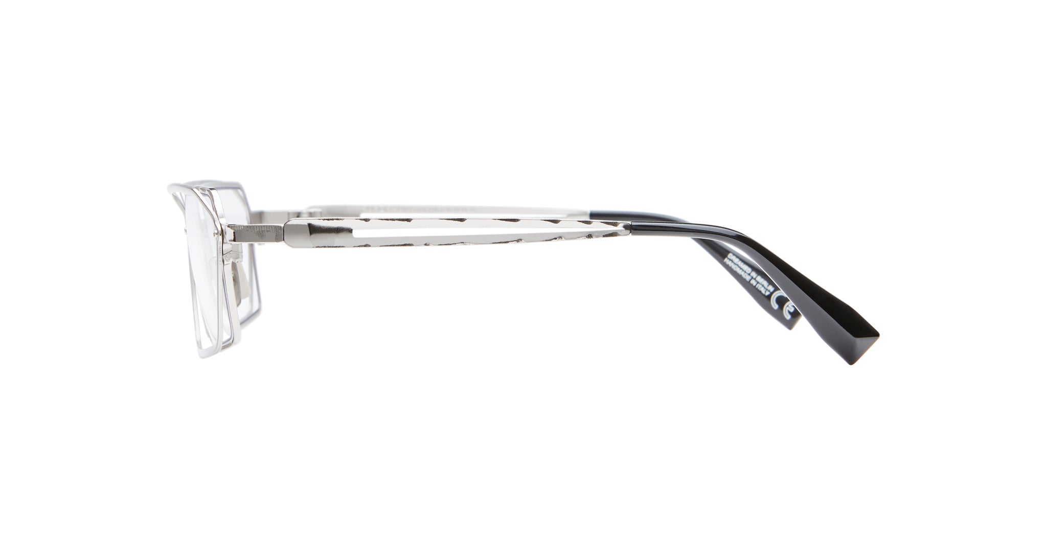 Side view of Kuboraum H15 transparent rectangular eyeglass frames, featuring clear temples and black tips, photographed on a white background.