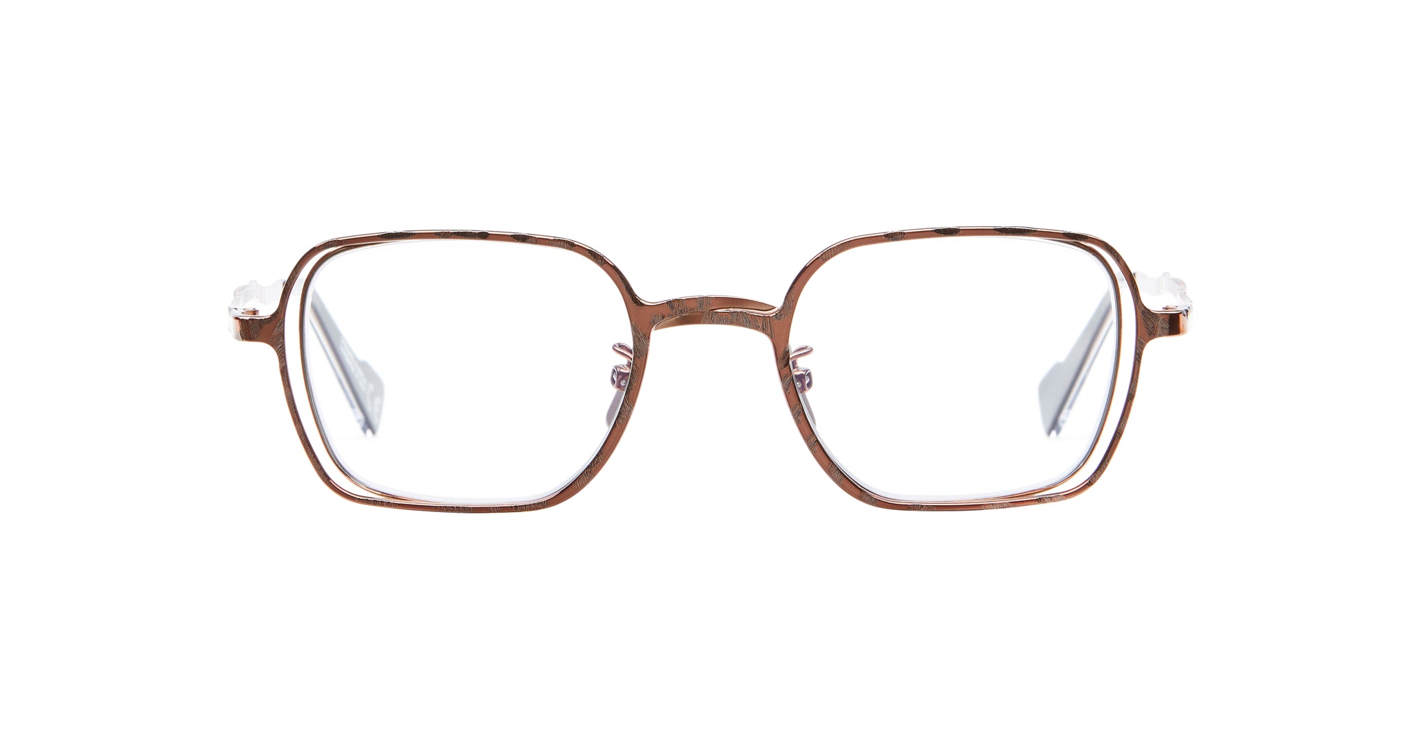 The Kuboraum H22 eyeglasses feature brown, rectangular metal frames with clear lenses, displayed front-facing on a white background.