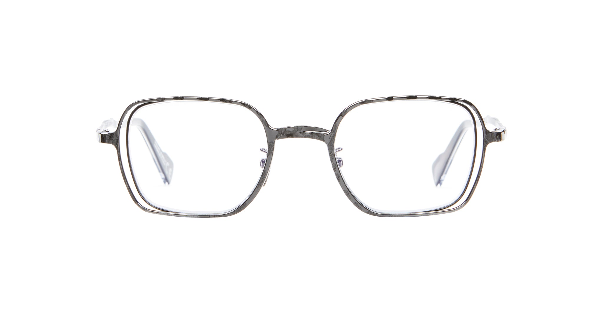 The Kuboraum H22 eyeglasses feature large, rectangular metal frames with clear lenses, displayed front-facing on a white background.