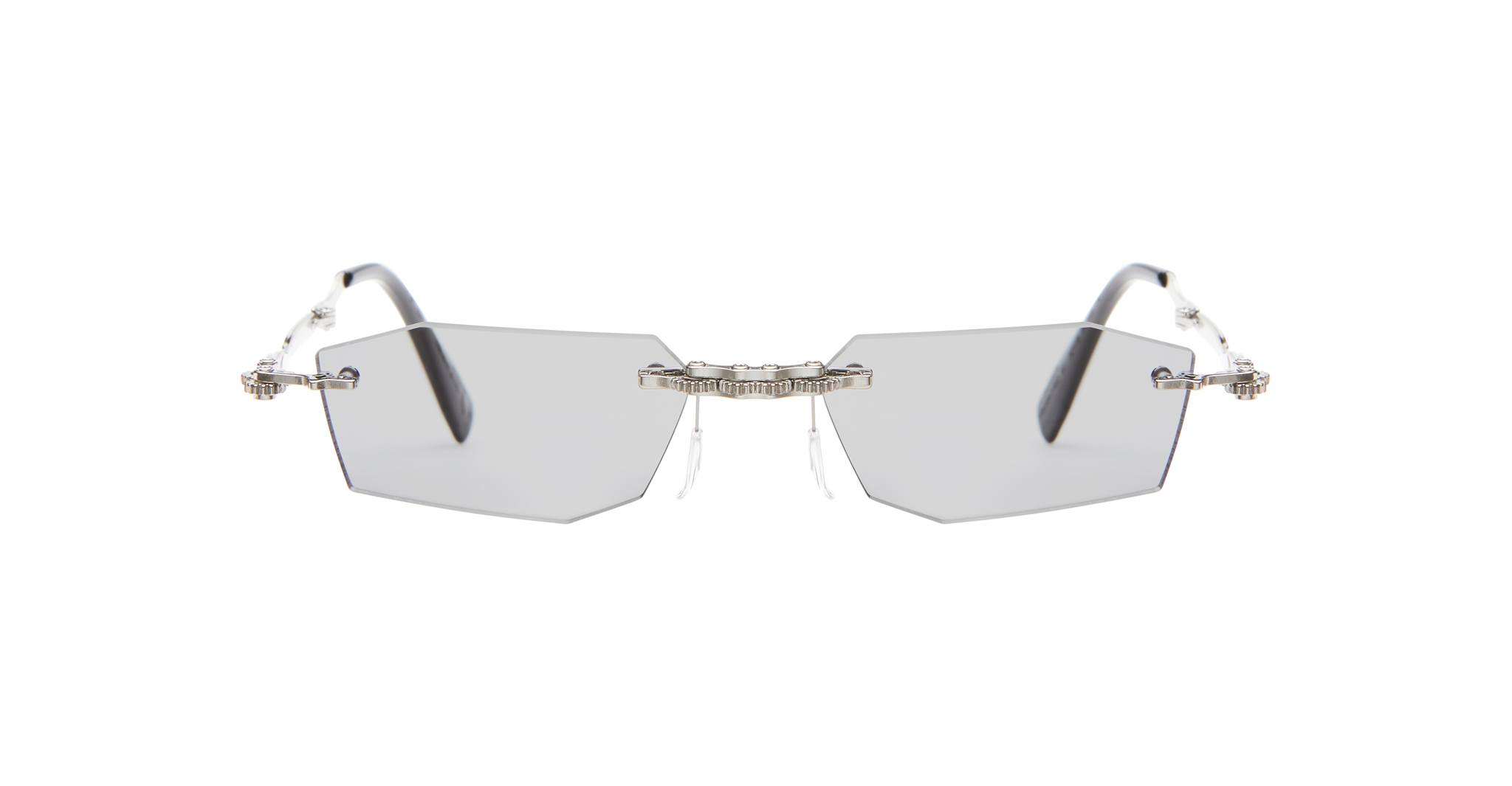 Kuboraum H40 rimless geometric gray sunglasses with silver bridge and temple details, shown on a white background.