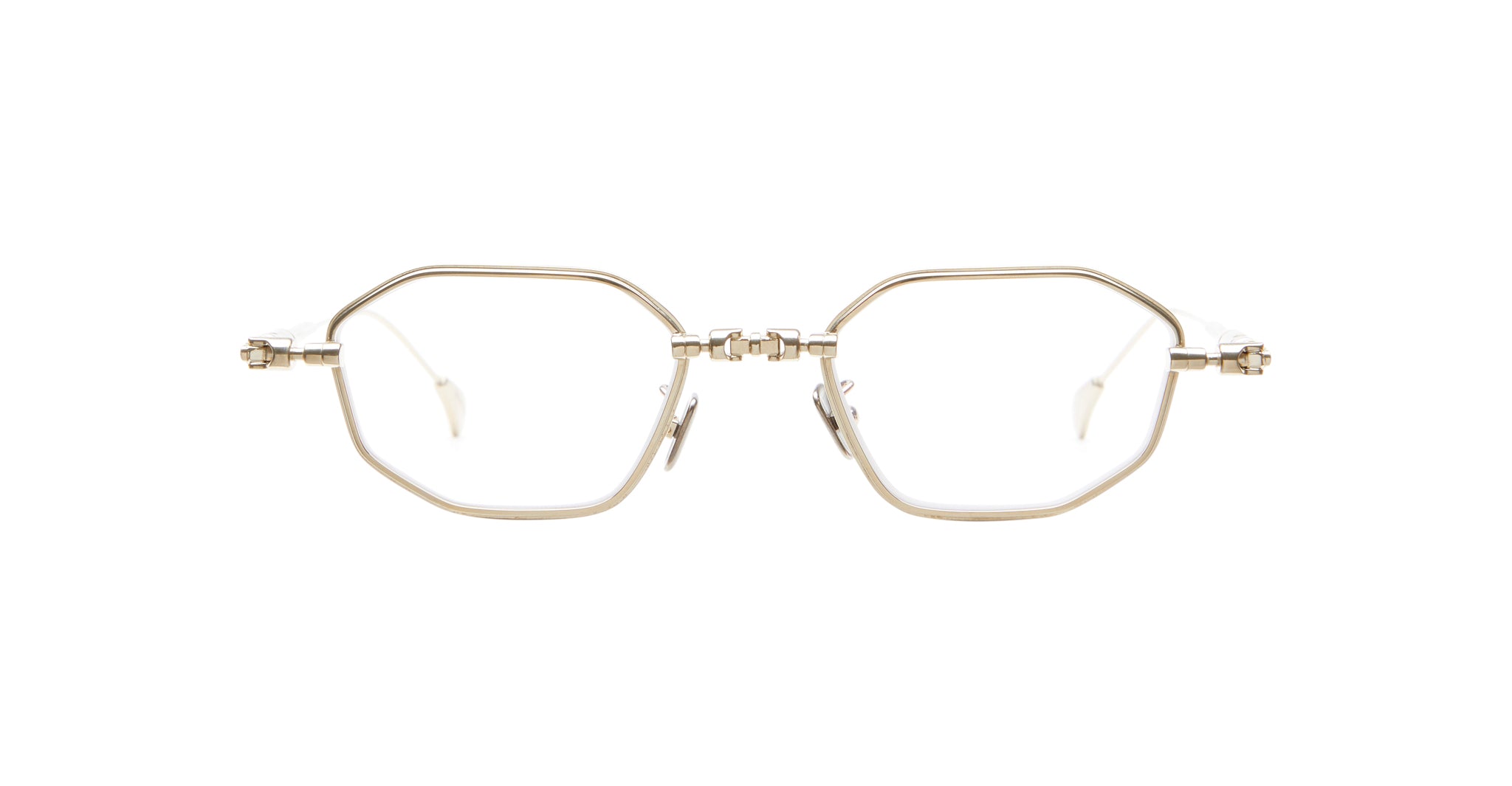 KUBORAUM Kuboraum H66 hexagonal gold metal eyeglass frames with clear lenses, front view.