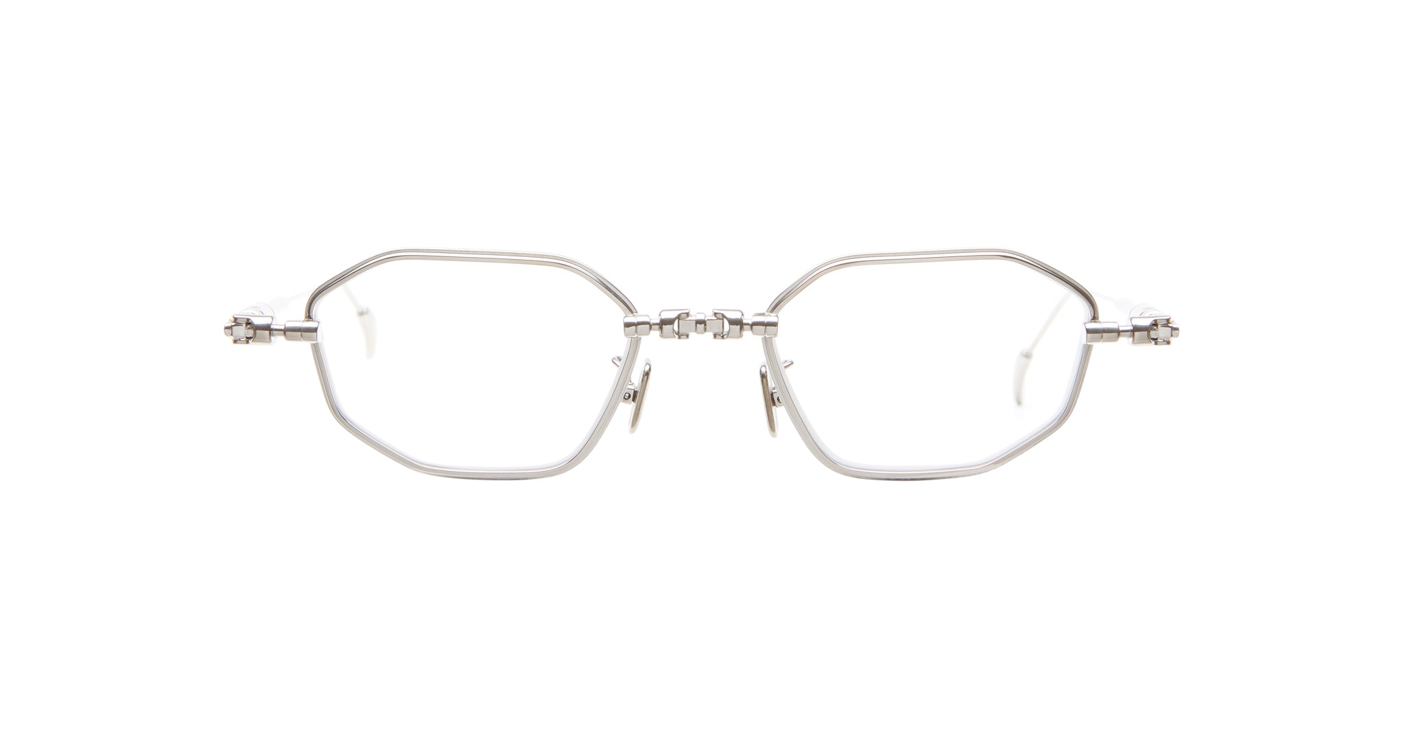 Kuboraum H66 eyeglasses by KUBORAUM, silver metal octagonal frames with clear lenses, shown from the front.