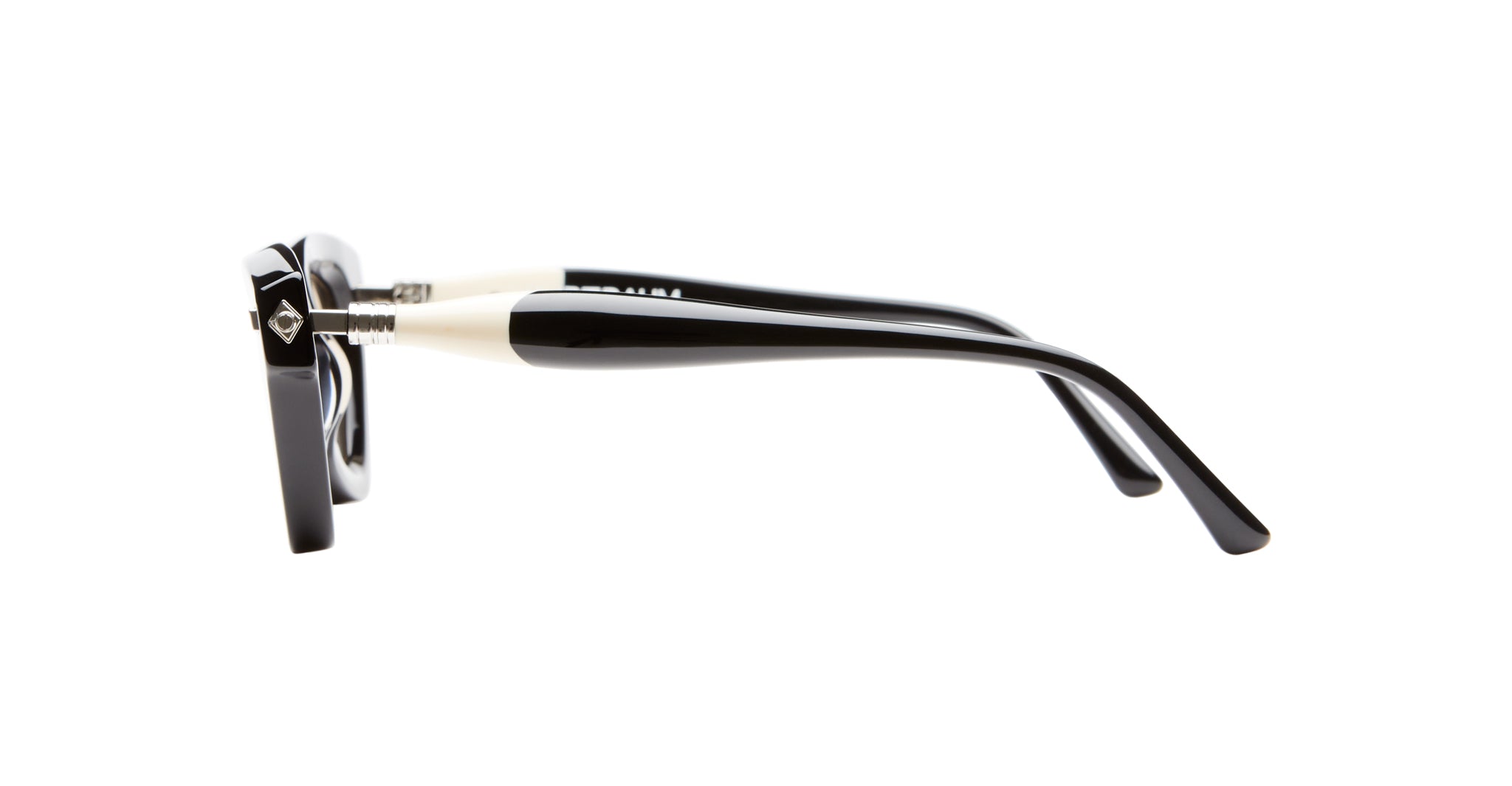 Side view of Kuboraum J7 black-framed eyeglasses featuring thick arms, silver accents near the hinges, and a white detail on the temples, displayed against a white background.