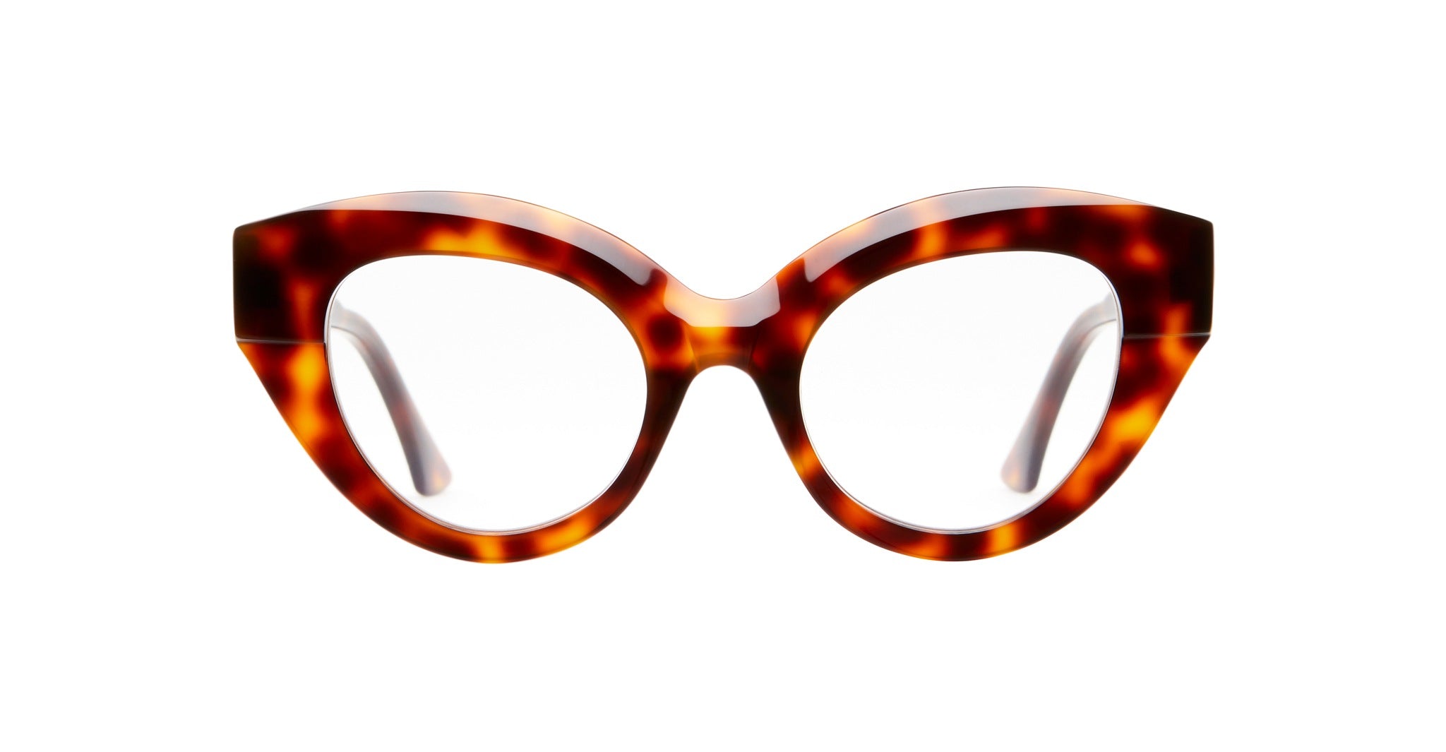 The Kuboraum K35 eyeglasses feature a bold cat-eye shape and a tortoiseshell patterned frame, displayed against a white background.