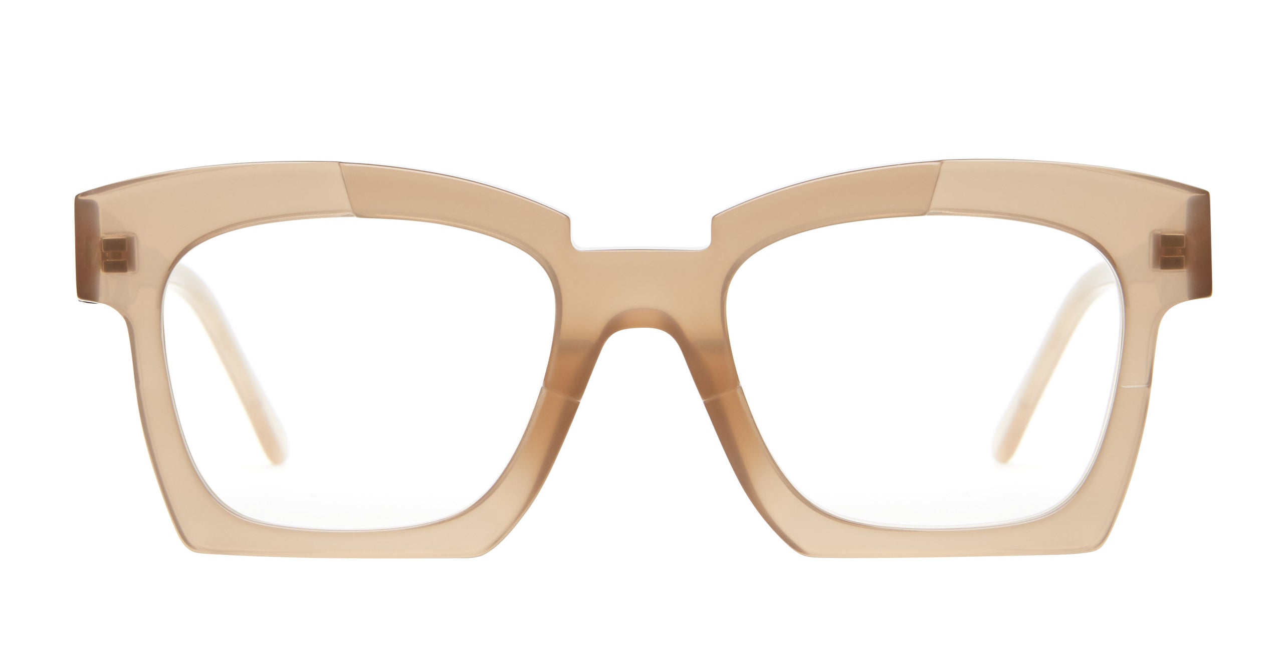 Front view of Kuboraum K5 thick-rimmed rectangular eyeglasses in beige with clear lenses, displayed on a white background.