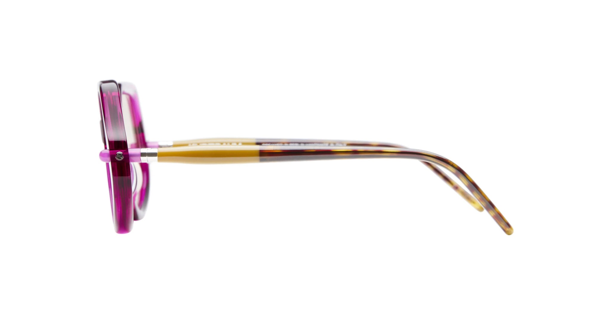Side view of KUBORAUM Kuboraum P20 eyeglasses with pink front and colorful tortoiseshell arms.