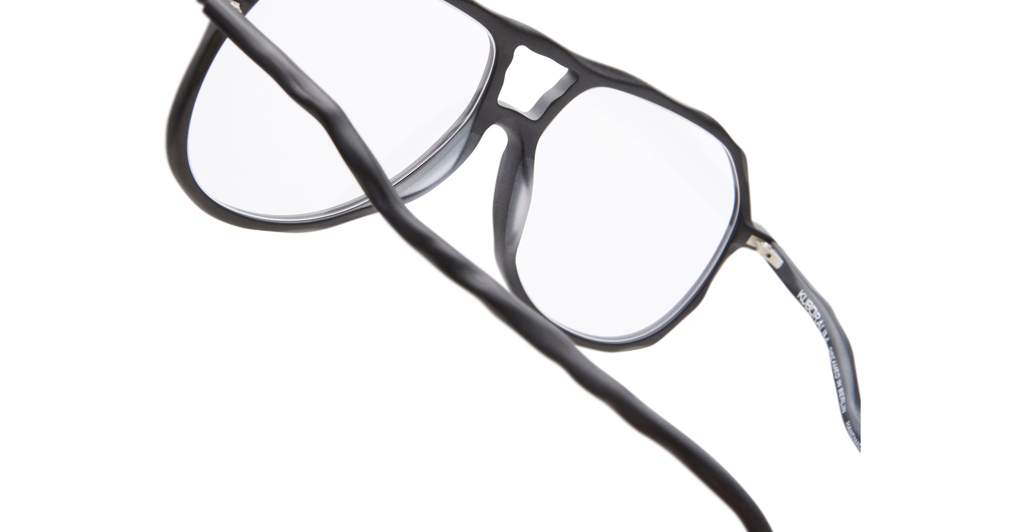 KUBORAUM L10 eyeglasses, black frame with clear lenses and a twisted black cord, front view.