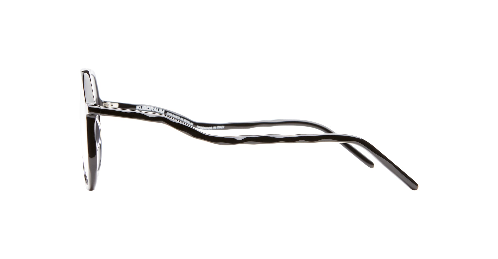 Side view of Kuboraum L10 round black eyeglasses with wavy temples, featuring the KUBORAUM brand and round frame design.