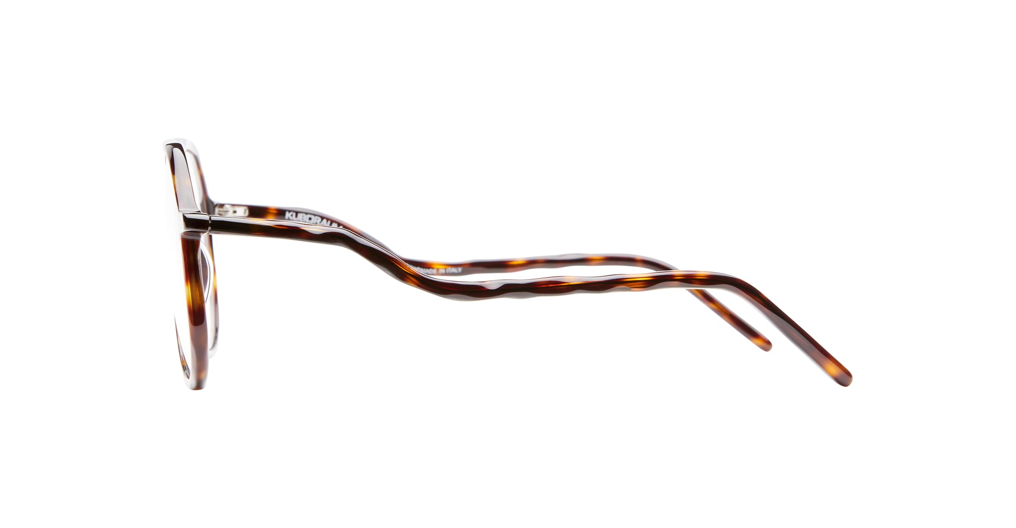 Side view of KUBORAUM L10 tortoiseshell eyeglasses with wavy acetate temples. Eyewear model and brand visible.