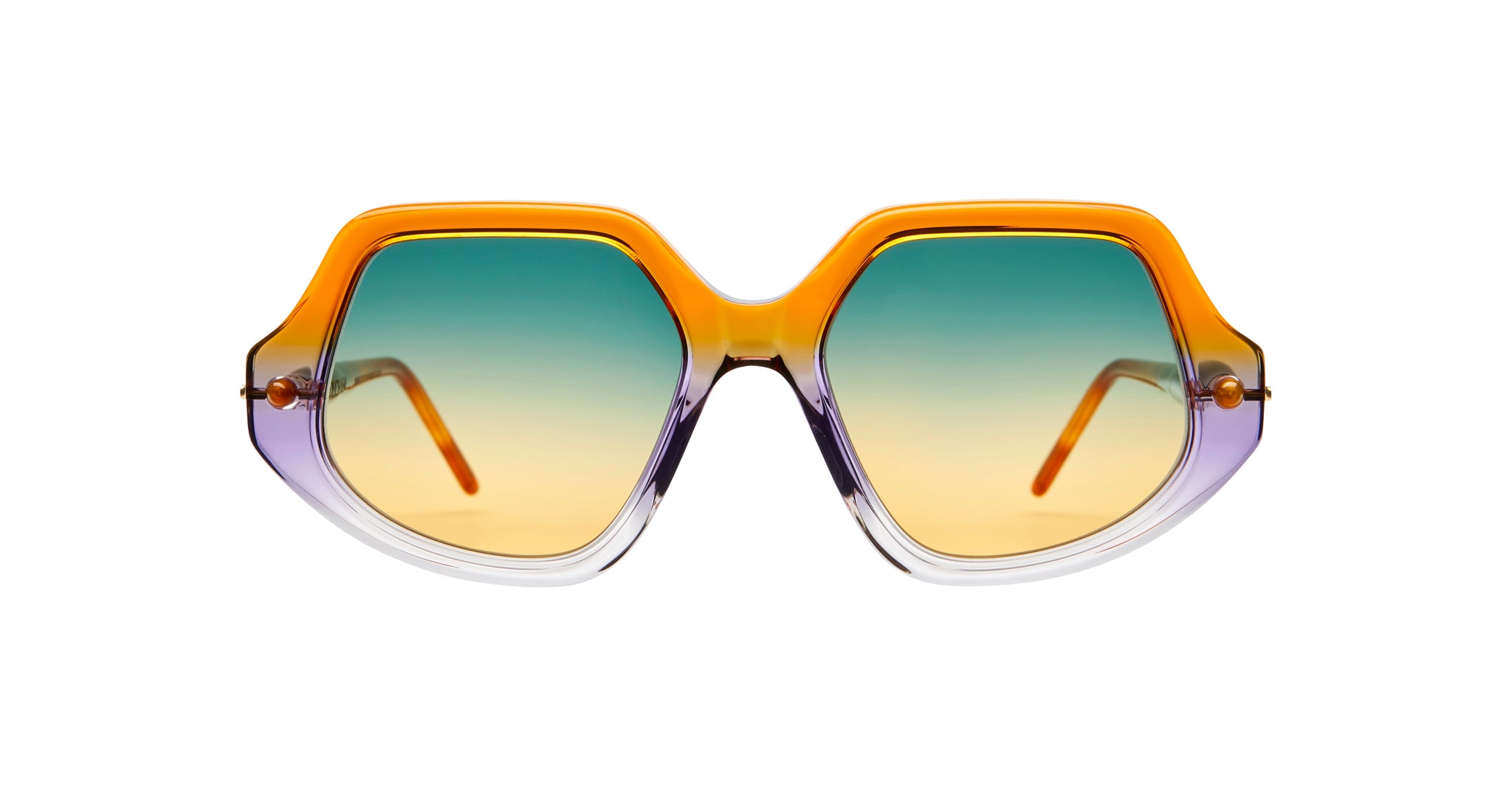 Kuboraum P20 sunglasses by KUBORAUM, geometric shape, orange-purple frames, blue-yellow ombré lenses, shown from the front.