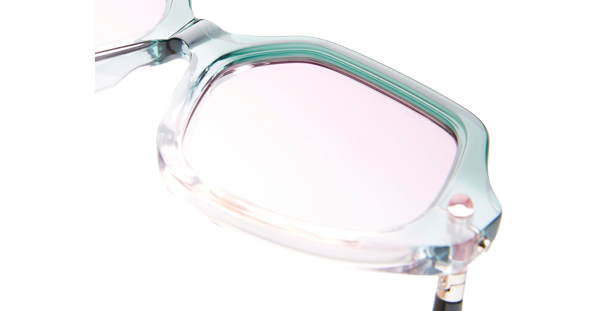 Close-up of KUBORAUM Kuboraum P20 eyeglasses, translucent frame, pale pink lenses, front view.