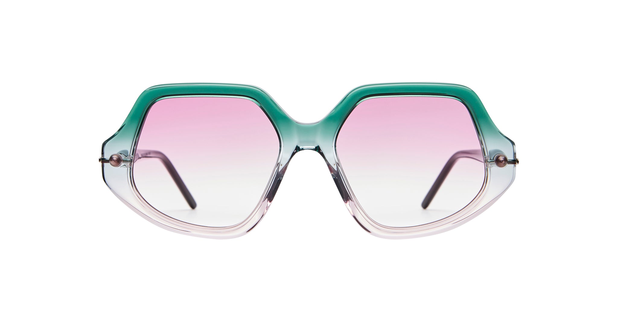 Kuboraum P20 sunglasses feature an oversized hexagonal shape, green-pink gradient frame, and pink lenses; front view.