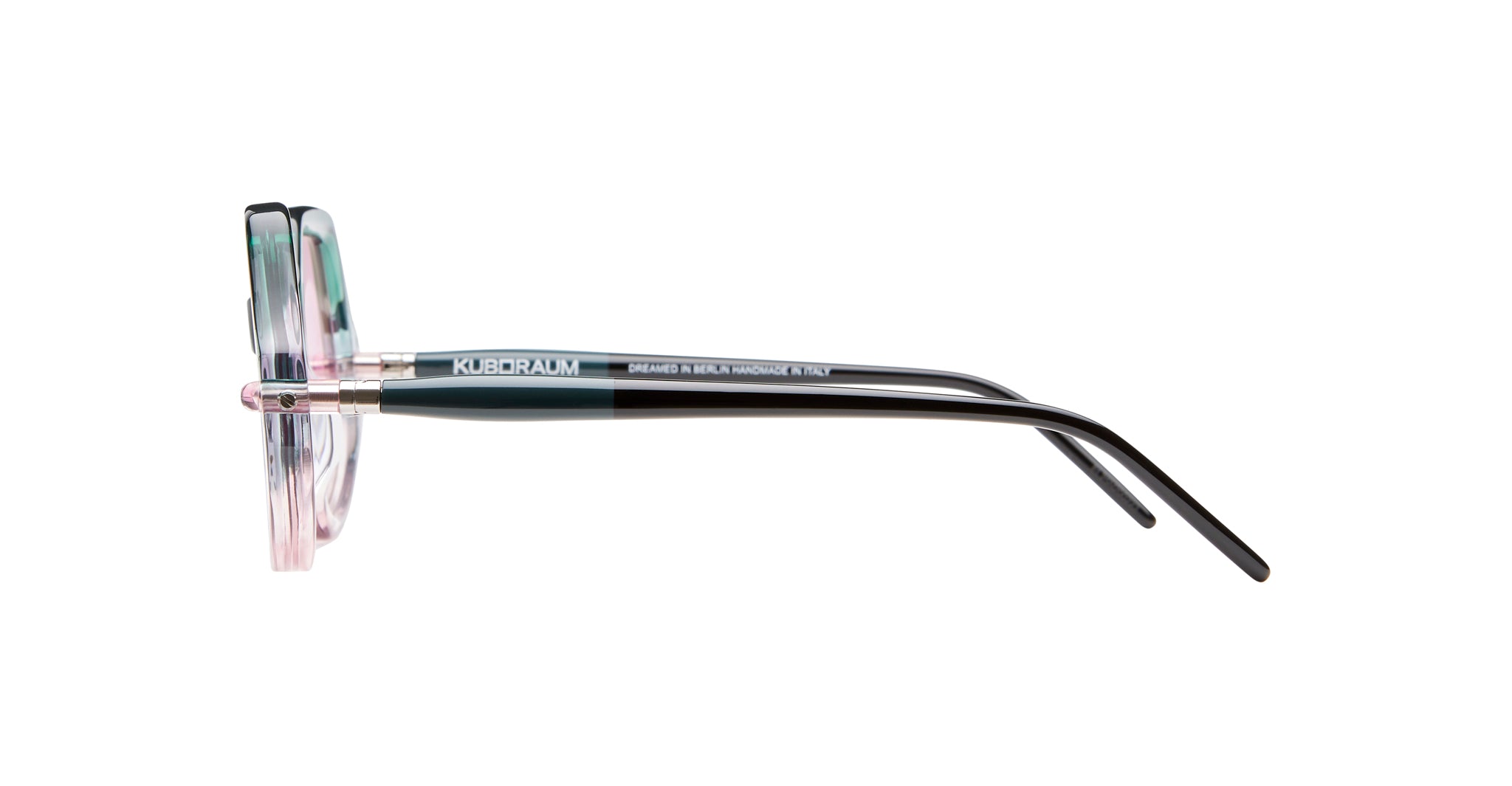 Side view of Kuboraum P20 eyeglasses showing slim translucent pink-green frames and black temples.