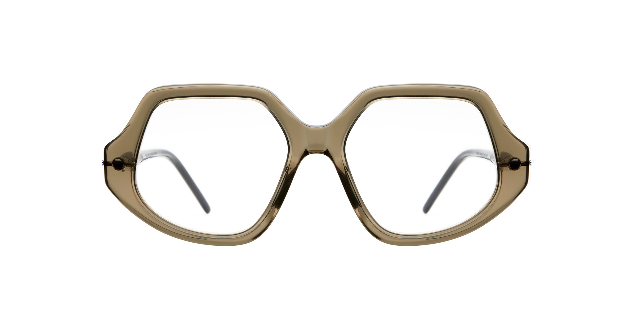 Front view of Kuboraum P20 eyeglasses featuring large, geometric light brown frames with clear lenses and slightly angled black arms, displayed on a white background.