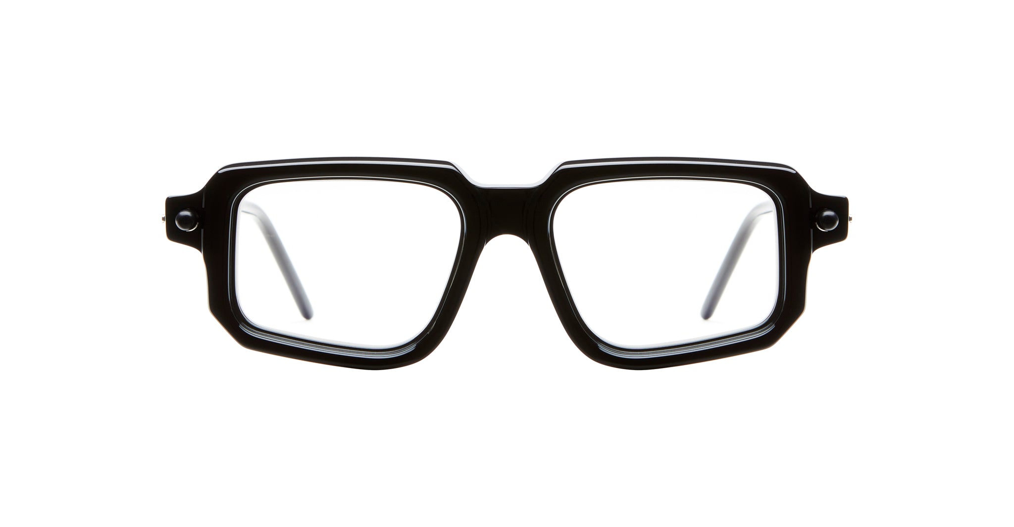 Kuboraum P23 black rectangular eyeglasses with thick frames, wide arms, and clear lenses, displayed front-facing on a white background.