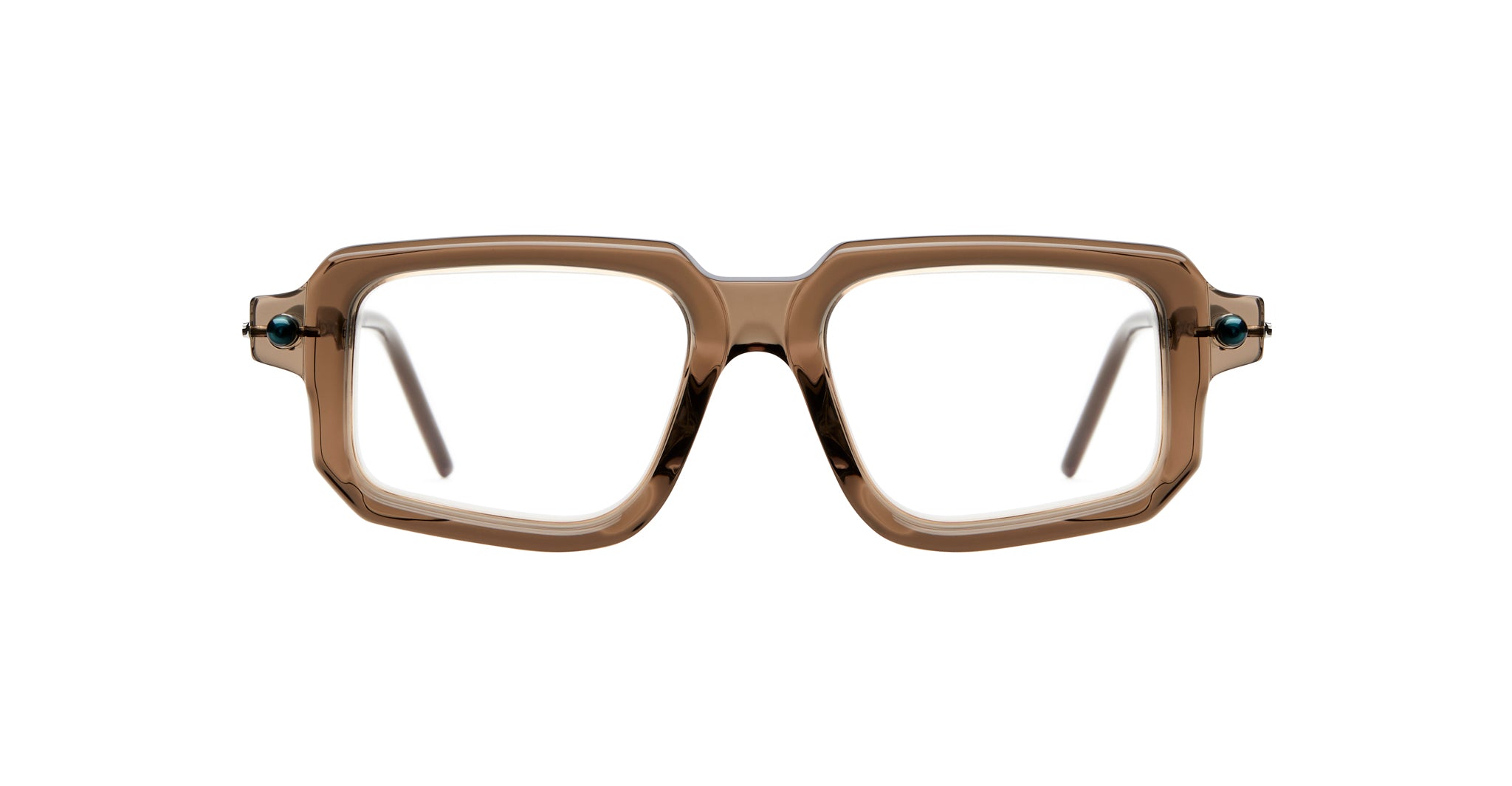 Kuboraum P23 brown rectangular eyeglasses with thick, transparent frames and clear lenses are shown from the front against a white background.