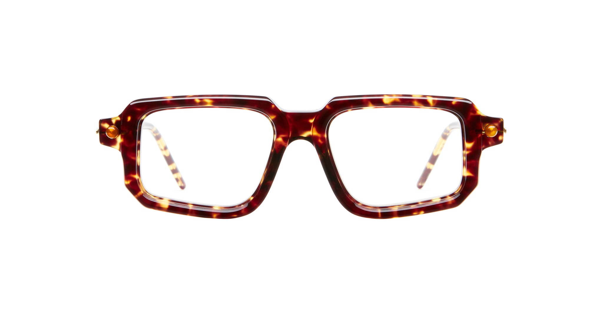 The Kuboraum P23 eyeglasses feature thick, rectangular tortoiseshell frames and clear lenses, displayed facing forward on a white background.