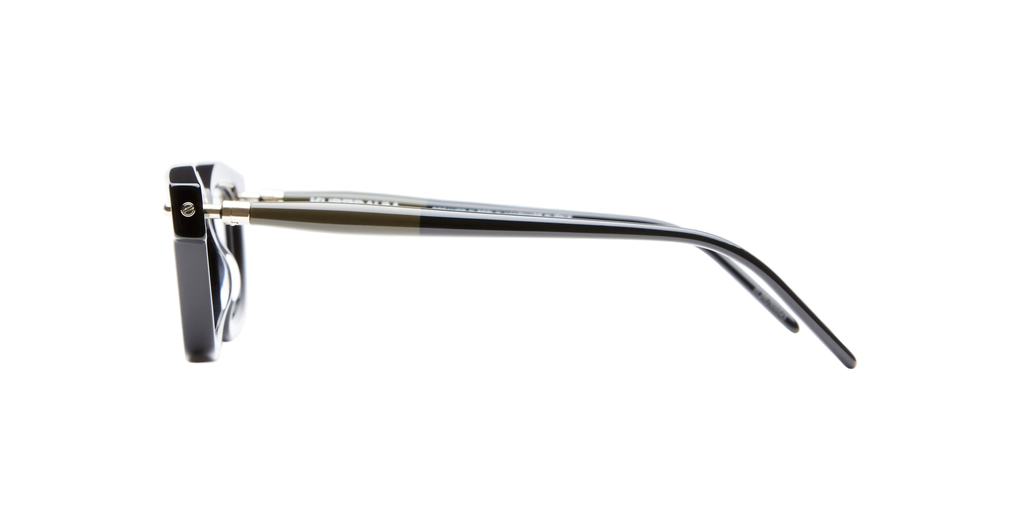 A side view of the Kuboraum P25 black eyeglasses with straight arms, metal hinges and temples, and a rectangular lens shape is shown against a white background.