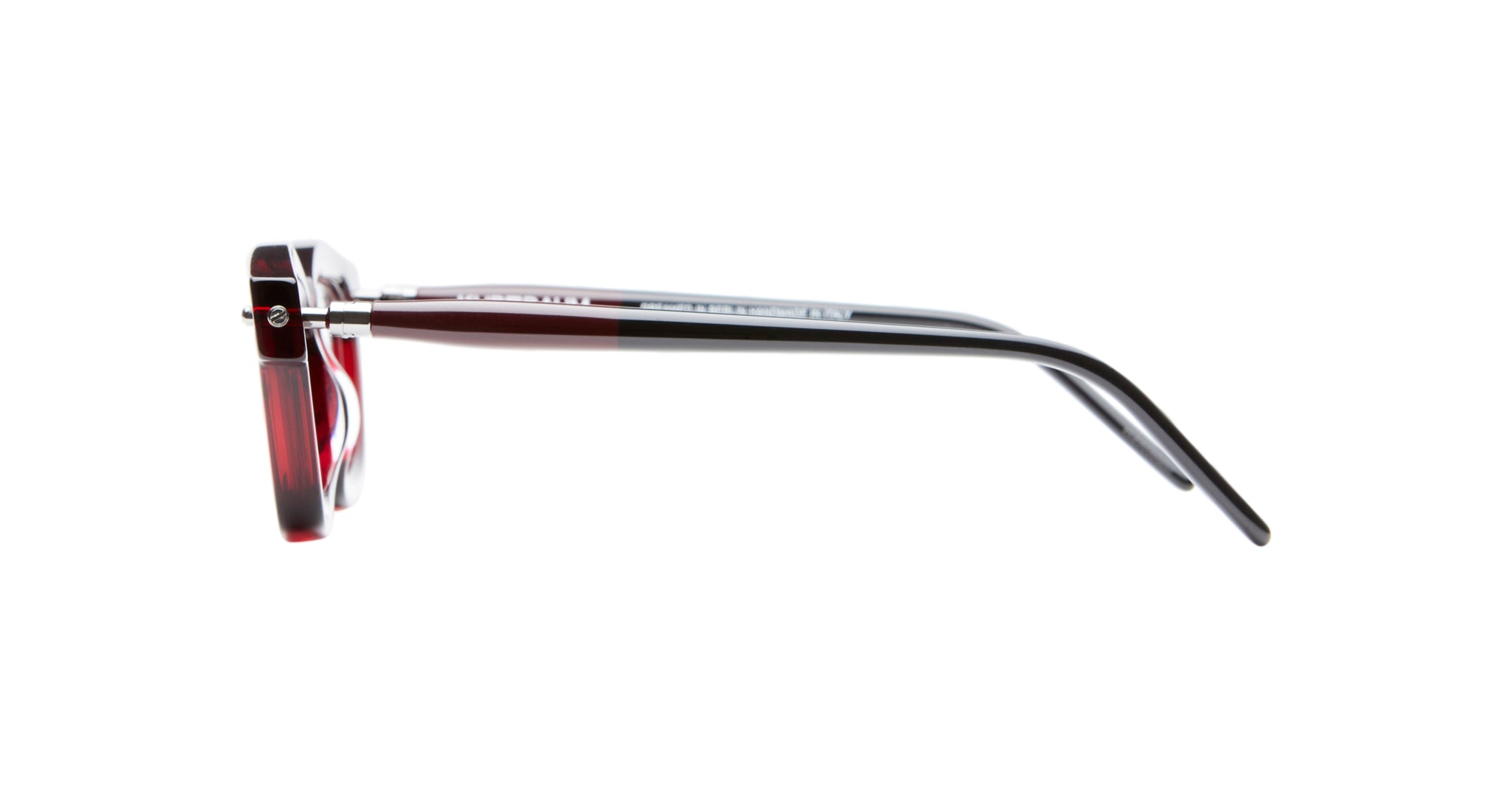 Side view of Kuboraum P25 eyeglasses with dark red and black frames, featuring extended temples and arms against a white background.