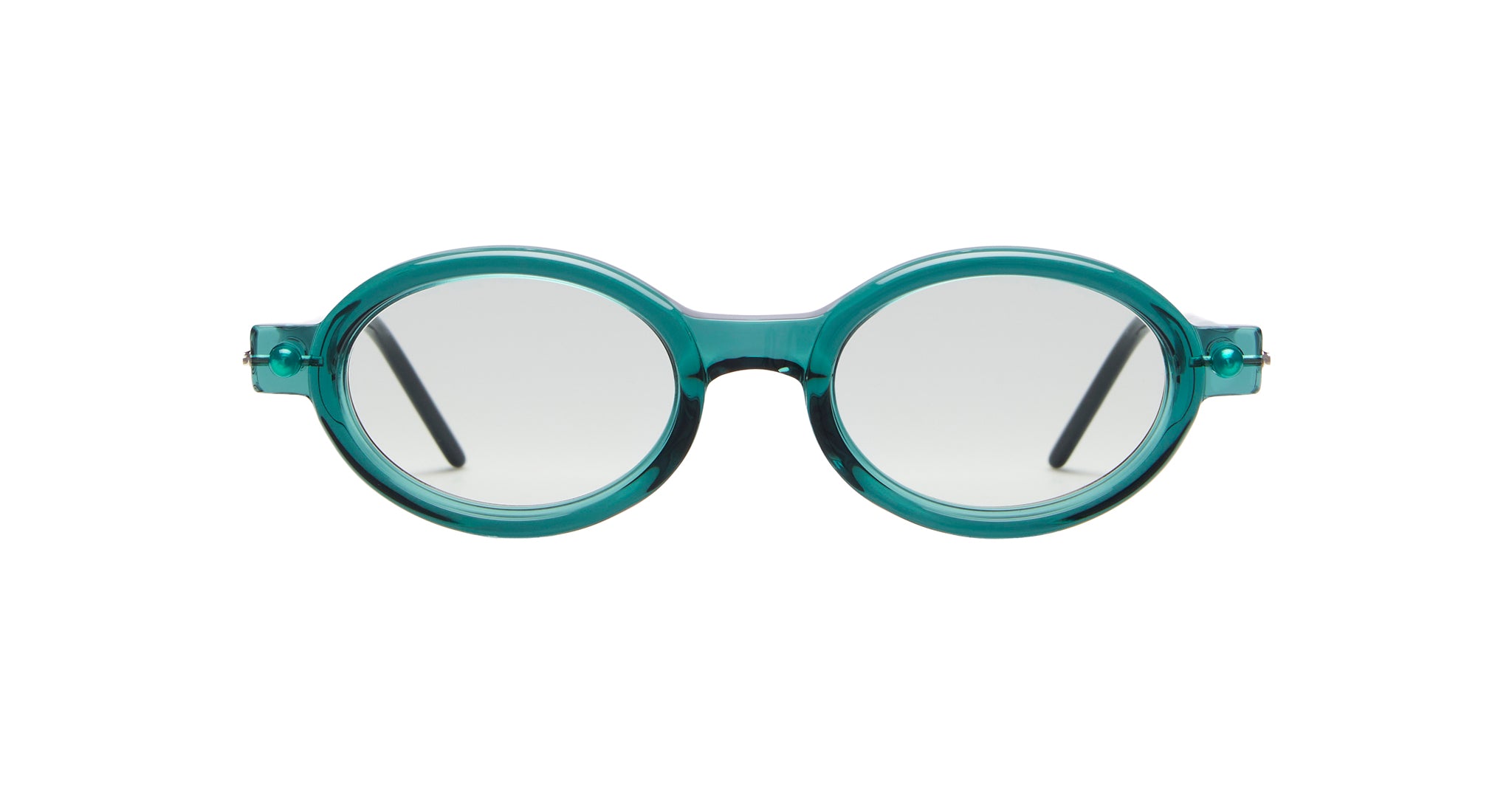 Round eyeglasses with teal translucent frames and clear lenses, shown against a white background. The arms of the glasses are thin and black.