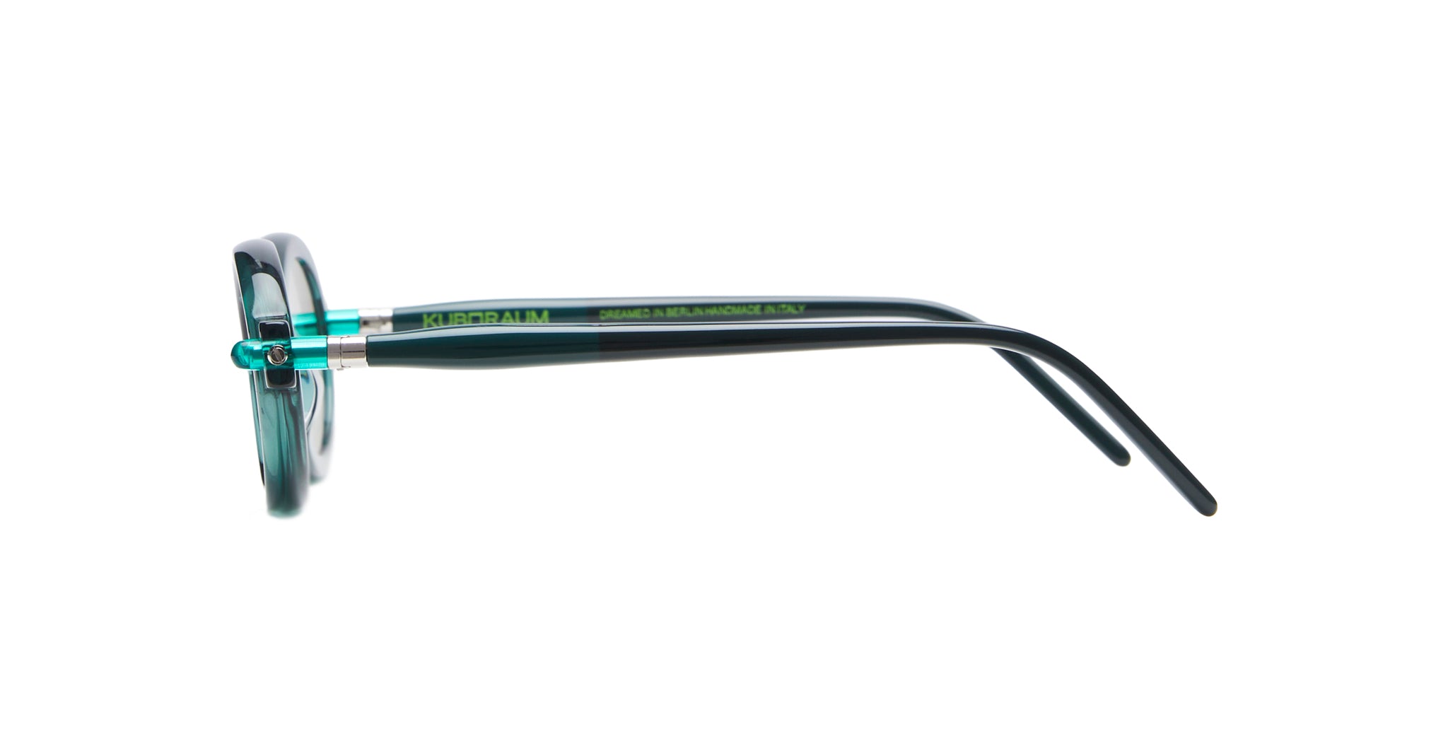 Side view of a pair of stylish eyeglasses with round green frames and black temples. The temple arm features the brand name KUBORAUM and additional printed details in green. The background is white.
