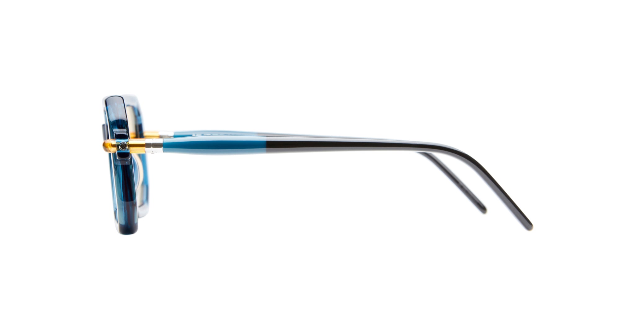 Side view of Kuboraum P8 eyeglasses featuring blue rims, gold hinges, and black-and-blue arms, set against a white background.