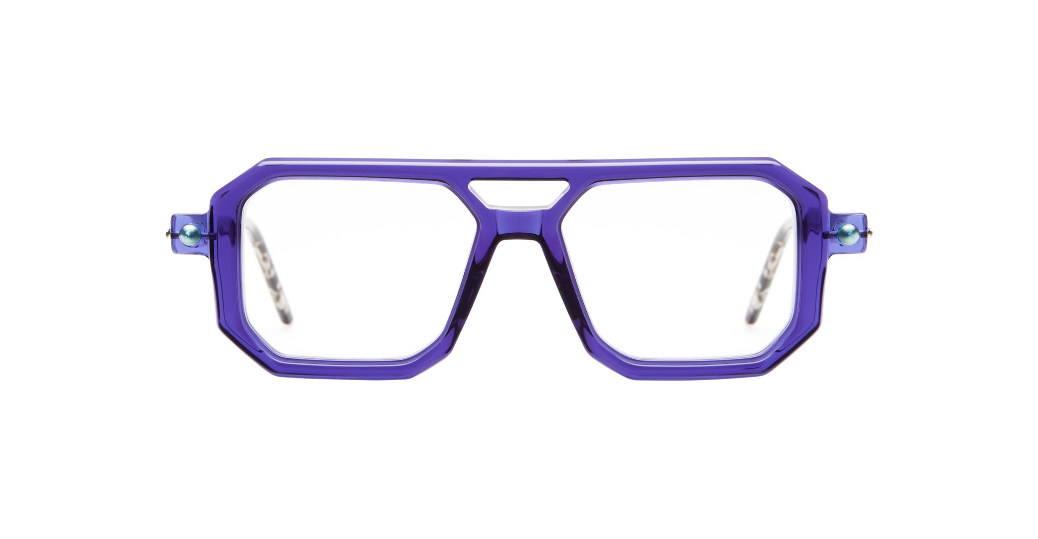 Kuboraum P8 eyeglasses by KUBORAUM feature purple geometric frames and clear lenses, displayed from a front-facing angle.