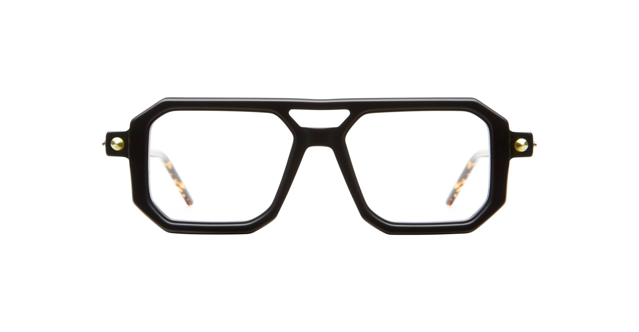 KUBORAUM P8 eyeglasses feature bold black geometric frames with clear lenses, front view.
