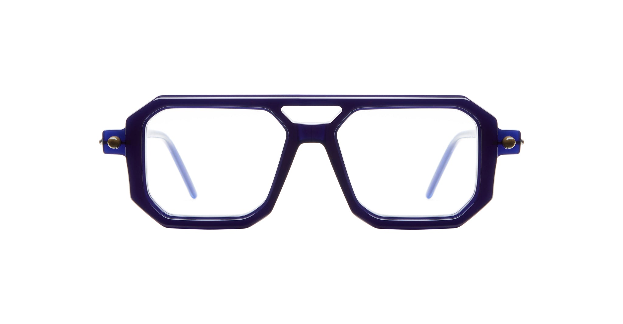 Kuboraum P8 geometric eyeglasses with dark blue, thick angular frames and clear lenses, shown on a white background.