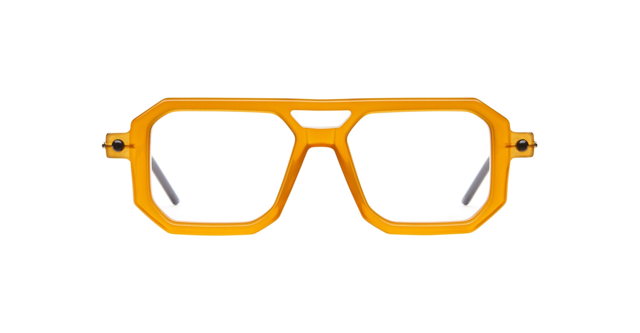 Kuboraum P8 eyeglasses by KUBORAUM, front view, bold orange geometric frames with clear lenses and an angular silhouette.