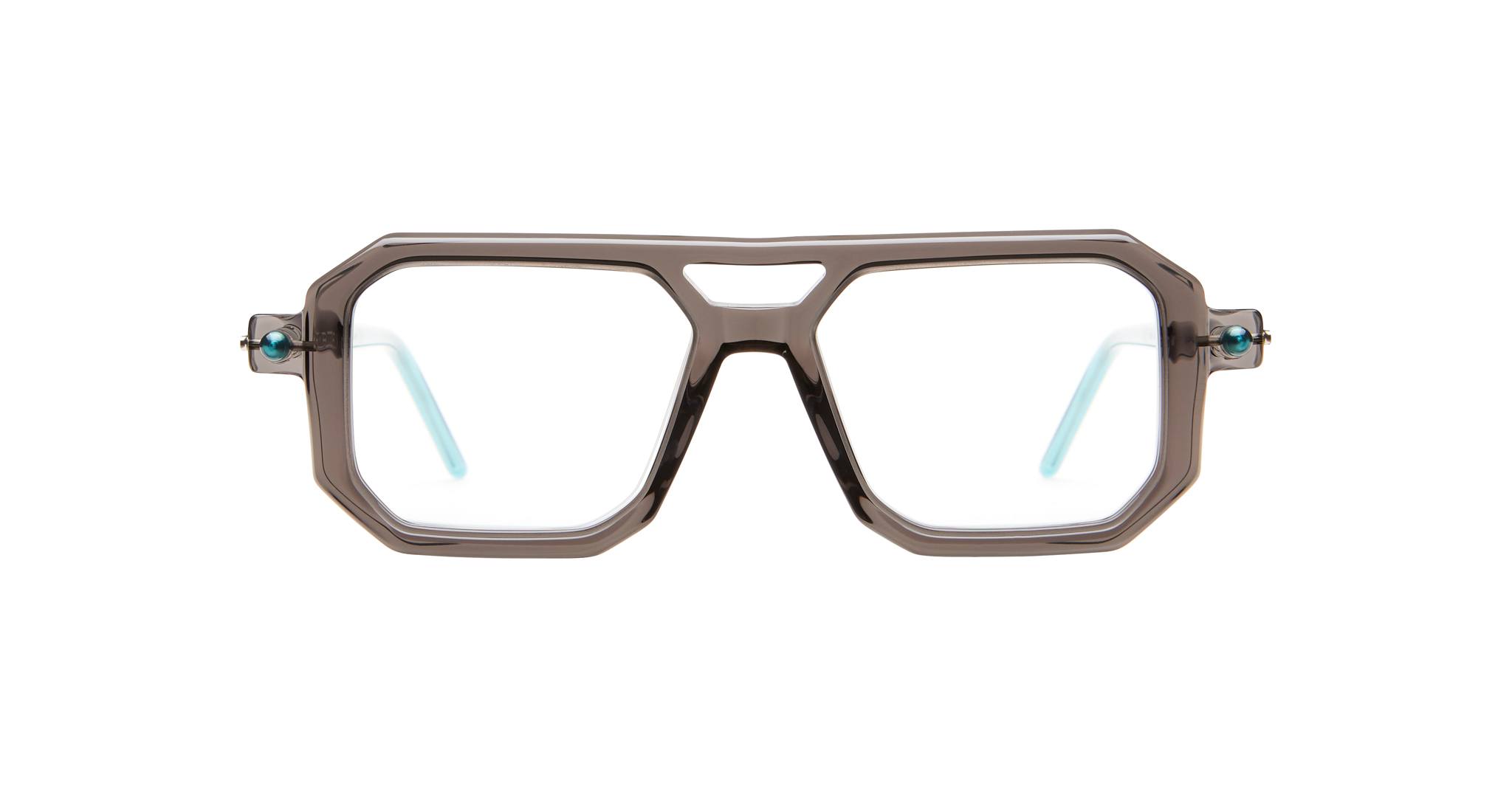 Kuboraum P8 eyeglasses by KUBORAUM, shown from the front, feature brown rectangular thick frames and light blue temple tips.