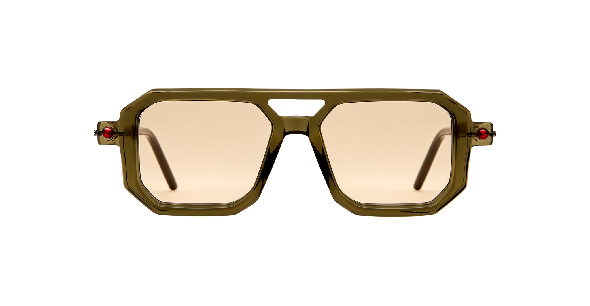 KUBORAUM Kuboraum P8 sunglasses, olive green rectangular frame with brown lenses and red hinge accents, front view.