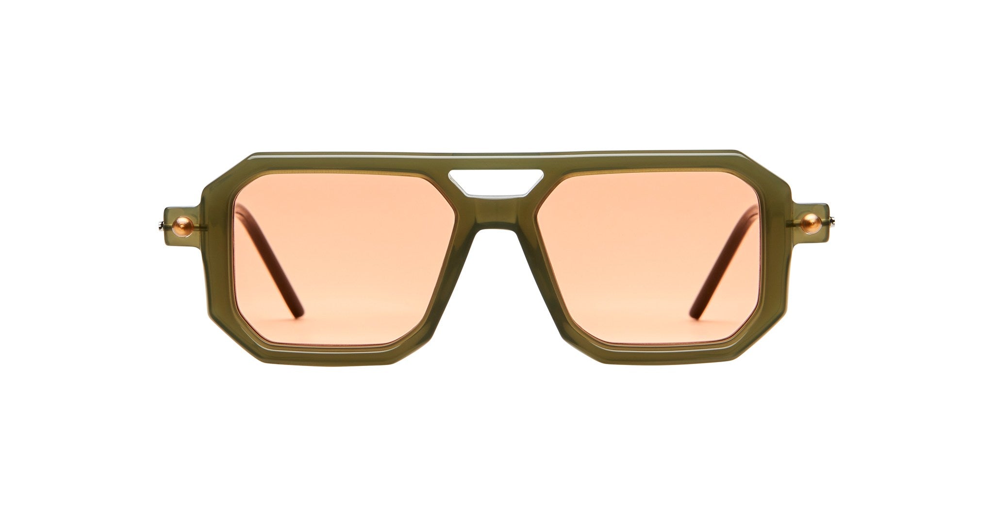 KUBORAUM P8 sunglasses, olive green geometric frame with pink tinted lenses, shown from the front.