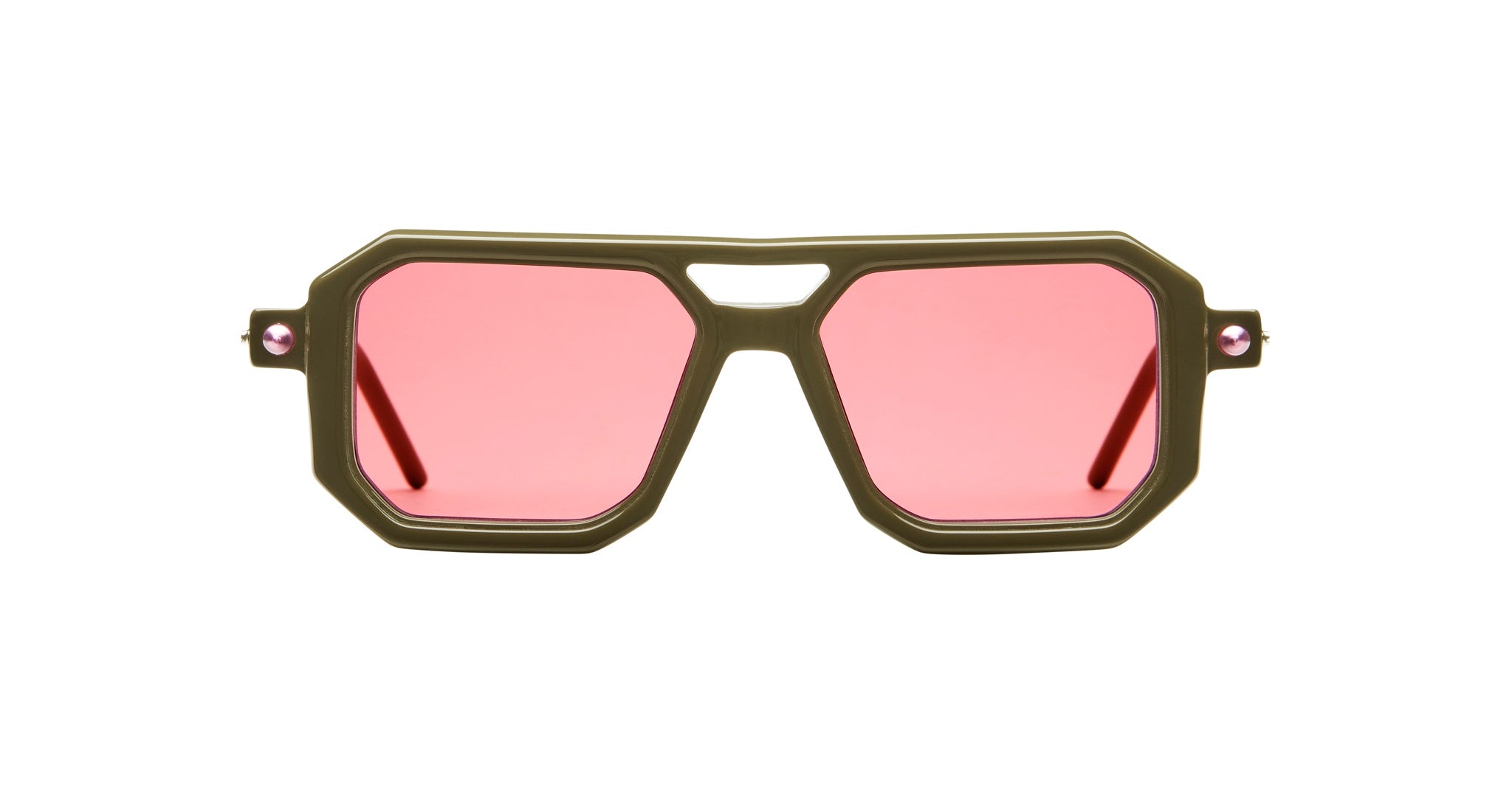 Kuboraum P8 sunglasses by KUBORAUM, olive green geometric frame with pink lenses, shown from the front.