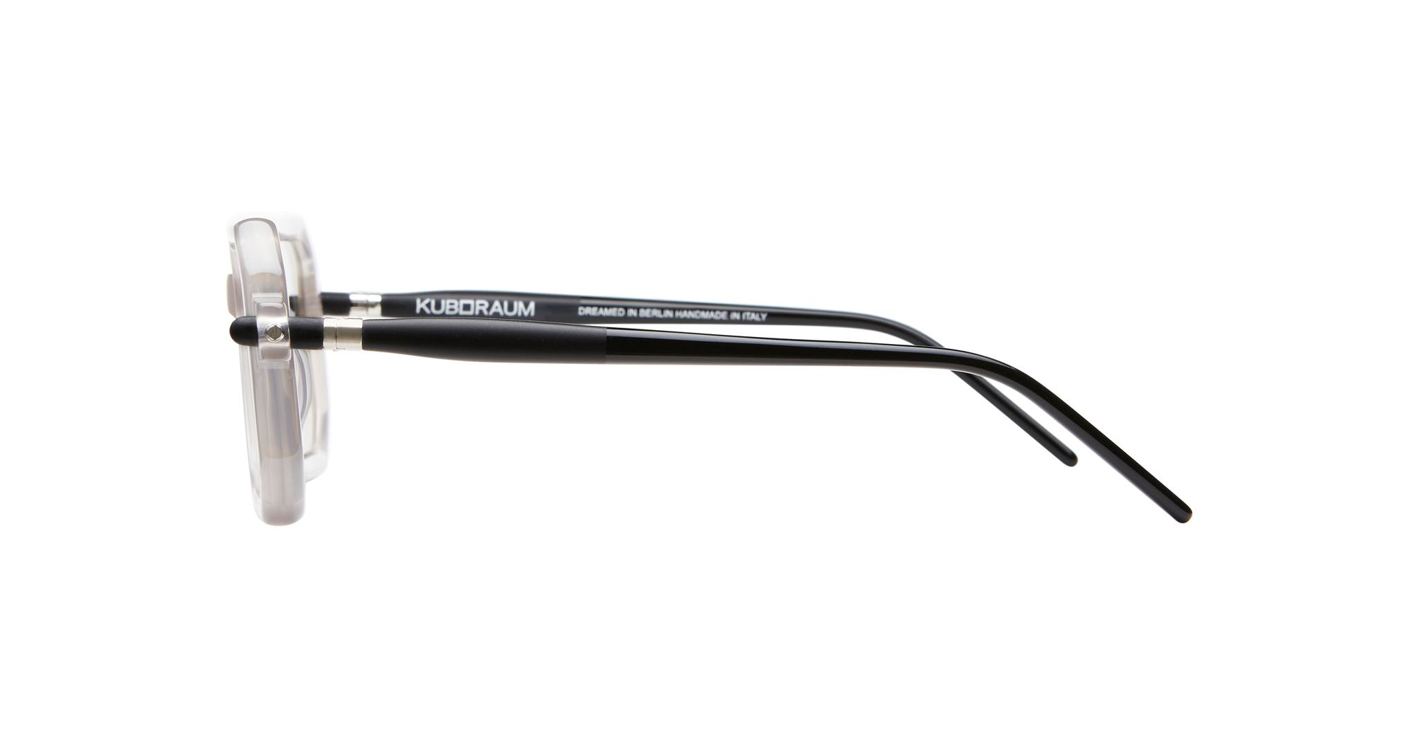 Side view of KUBORAUM P8 eyeglasses featuring clear rims, black temples, and KUBORAUM branding on the arm.