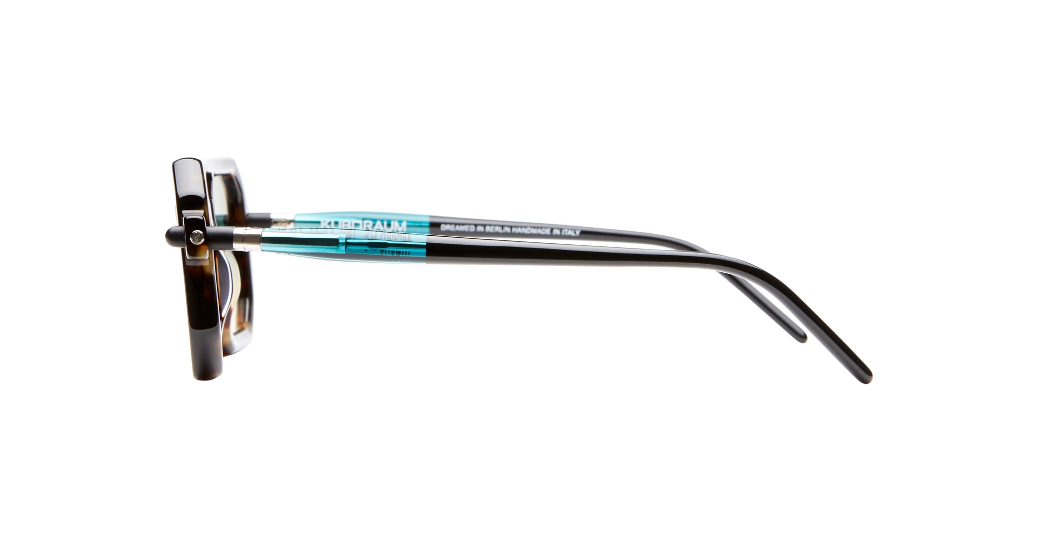 Side view of Kuboraum P8 eyeglasses with tortoiseshell frames and blue acetate temples by KUBORAUM.