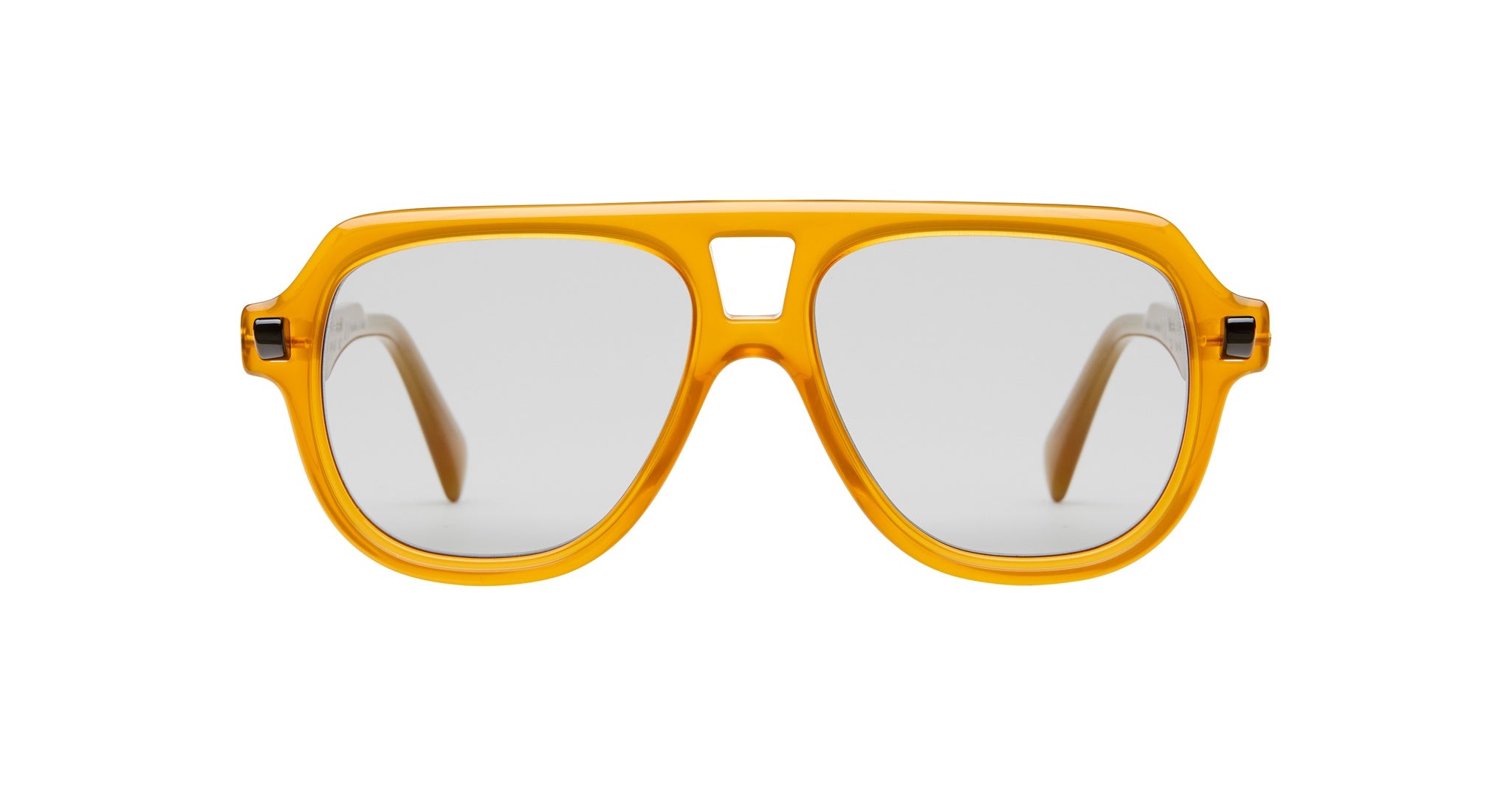 Front view of the Kuboraum Q4 sunglasses, featuring a bold yellow frame, reflective lenses, and a prominent bridge with slightly angular corners for a modern, sporty style.