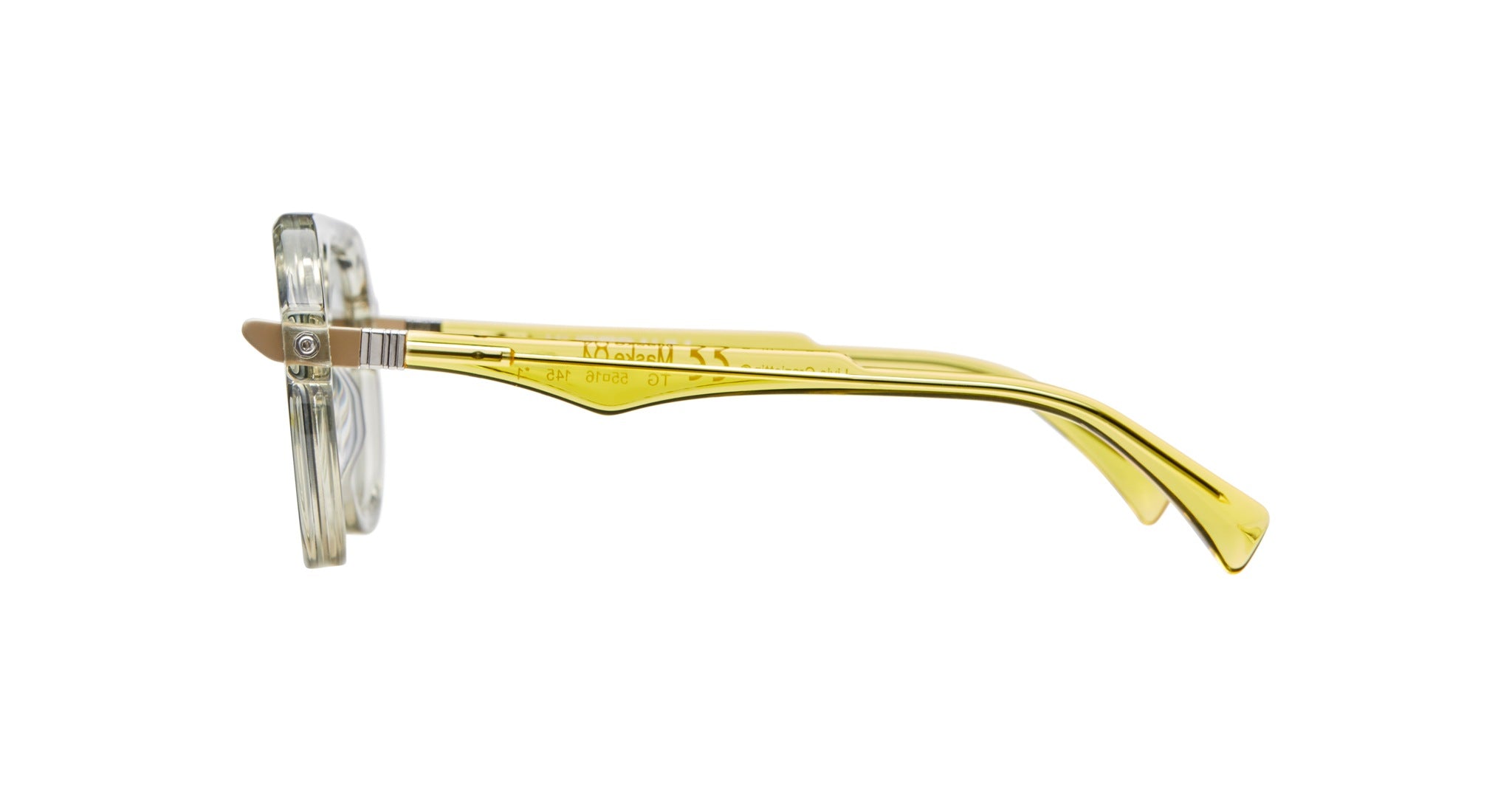 Side view of Kuboraum Q4 eyeglasses featuring clear round frames and yellow arms, displayed against a white background.