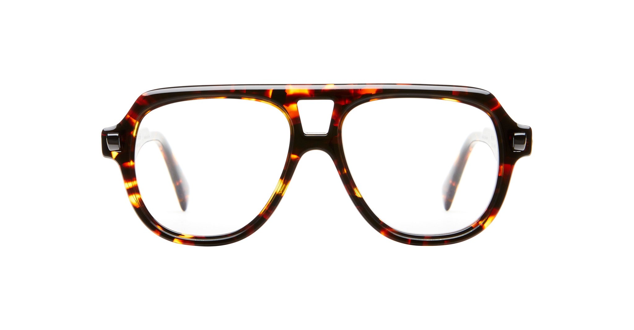 The Kuboraum Q4 features large rectangular lenses, a tortoiseshell frame, a bold double bridge, and wide arms, set against a plain white background.