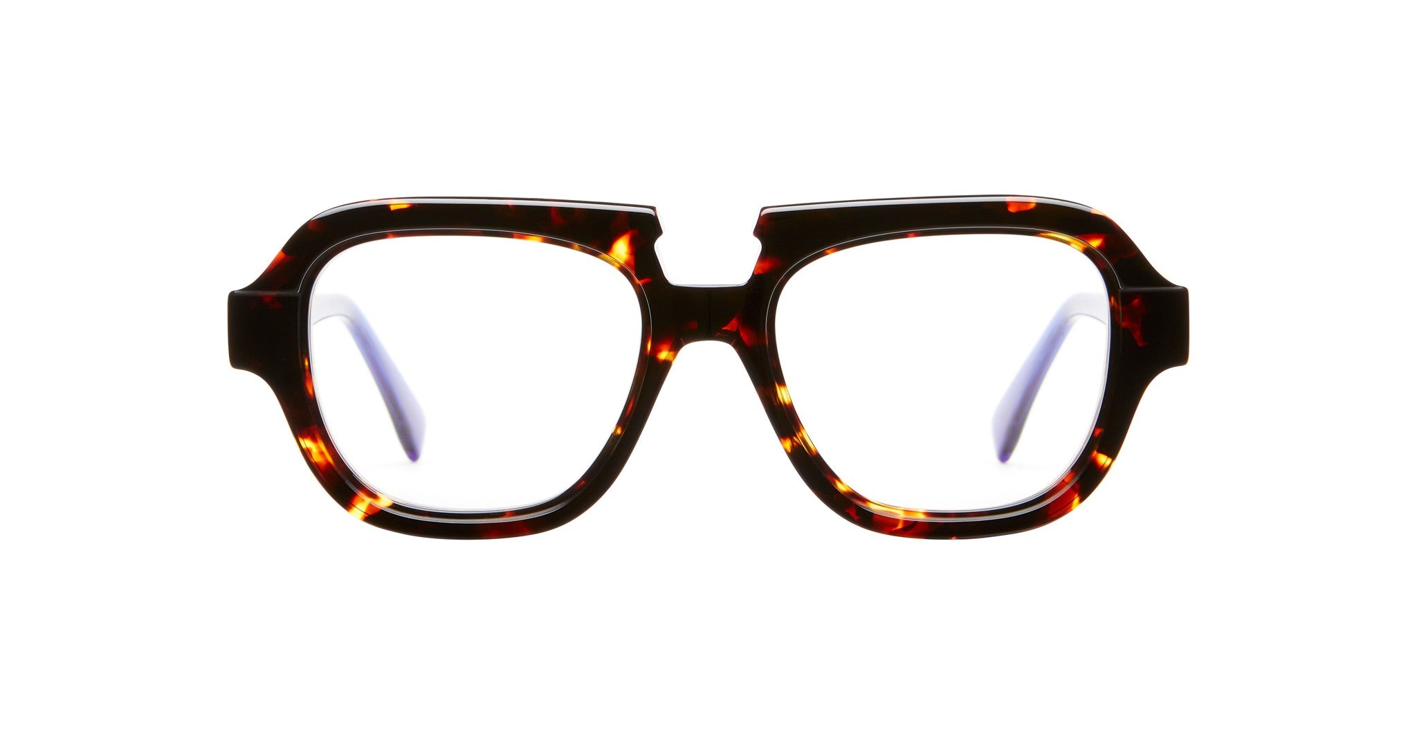 Kuboraum S5 eyeglasses feature thick, square tortoiseshell frames, showcased against a white background.
