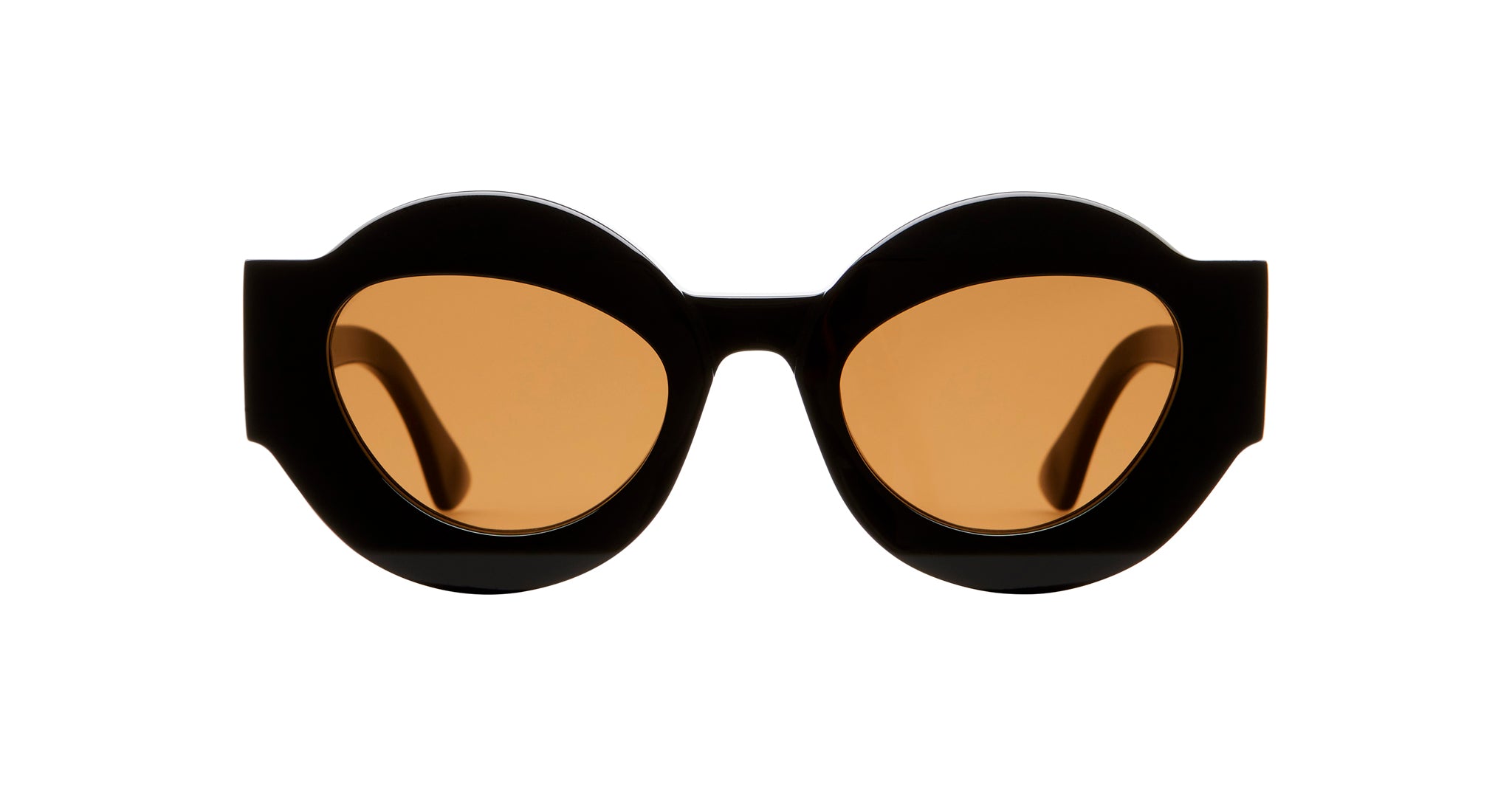 KUBORAUM Kuboraum X22 black retro round sunglasses with thick frames and brown-tinted lenses, front view.