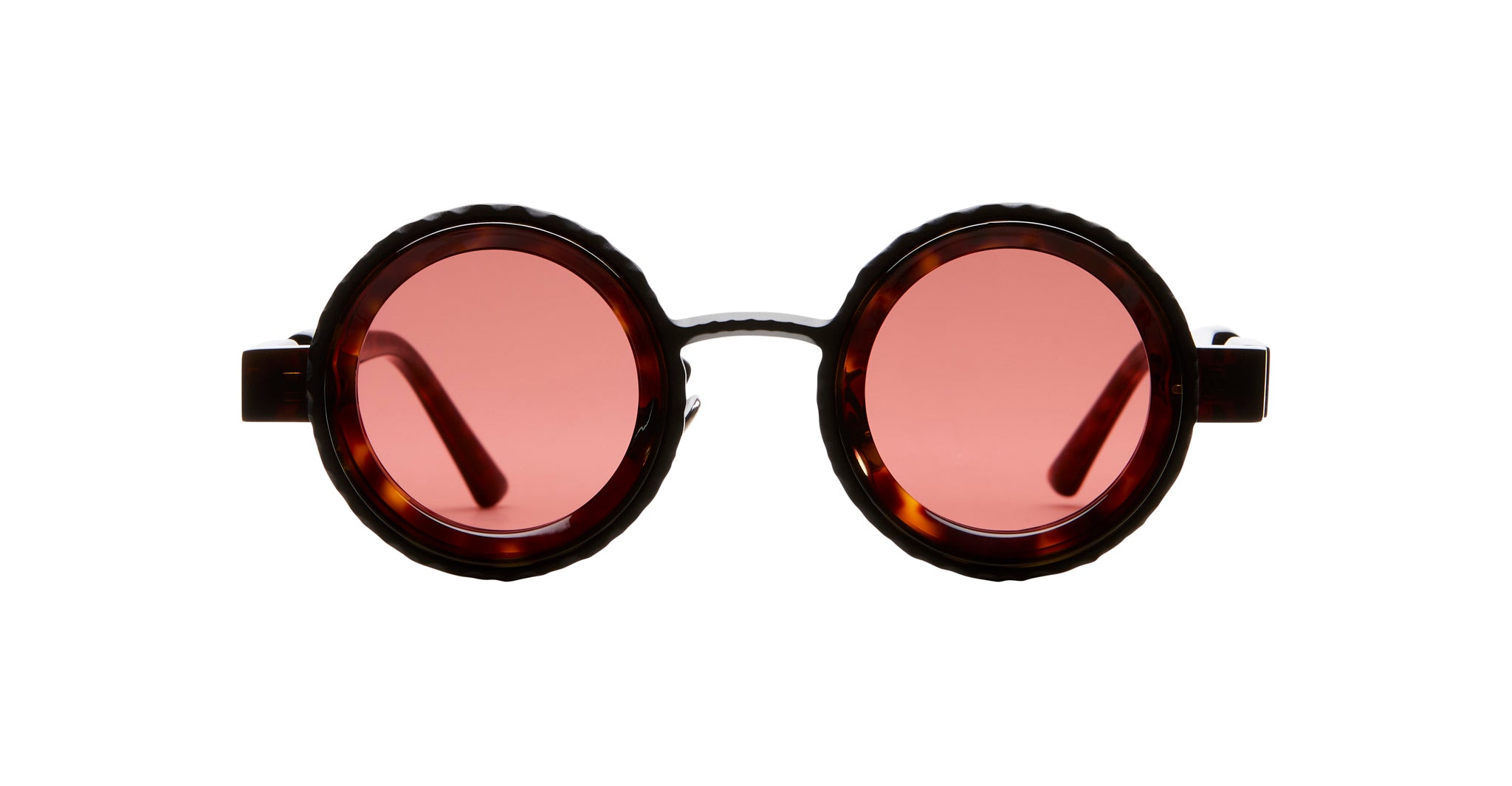 KUBORAUM Z3 round sunglasses with dark tortoiseshell frames and pink lenses, shown from the front. UV protection included.