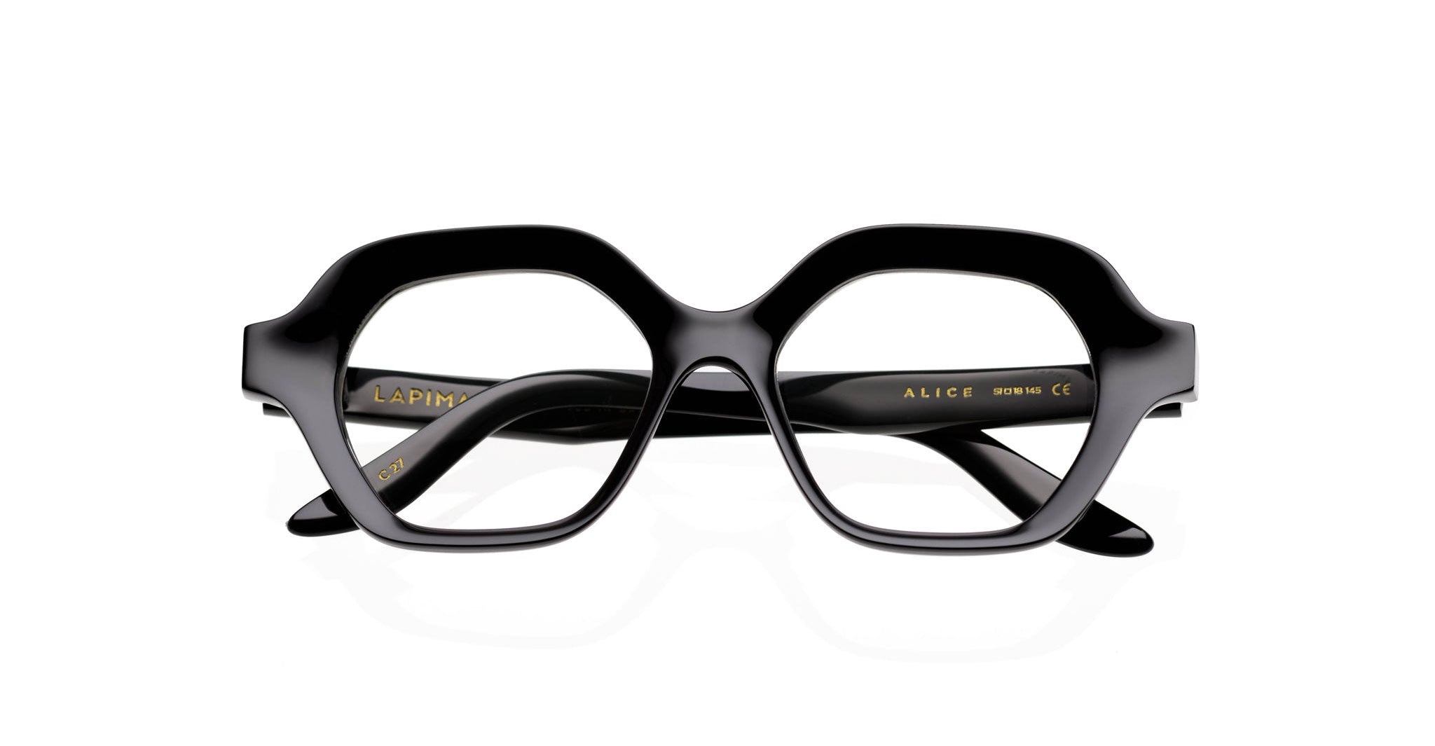 The Lapima Alice eyeglasses, featuring large black geometric thick-rimmed frames are shown against a white background.