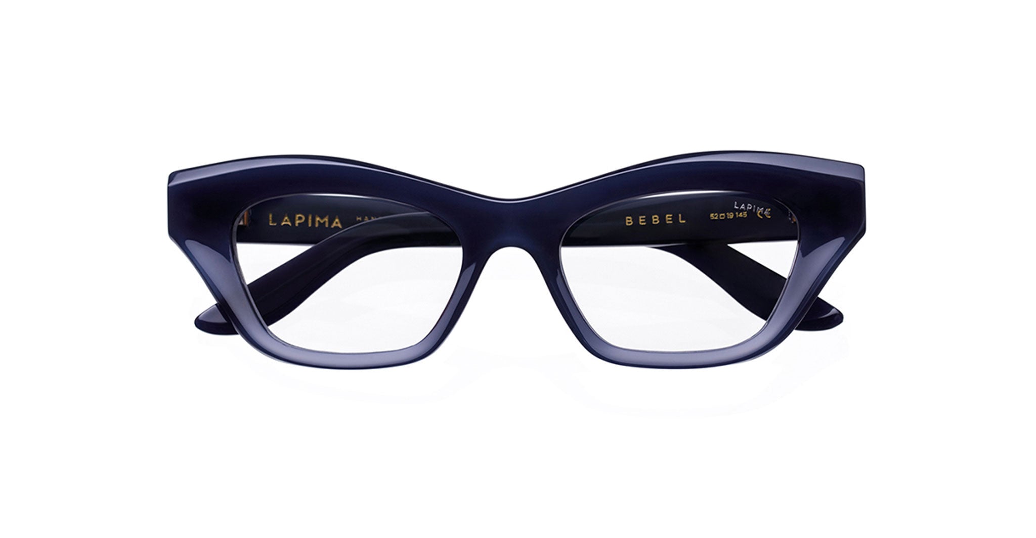 Dark blue acetate eyeglass frames with a bold, angular cat-eye shape, shown from the front against a white background.