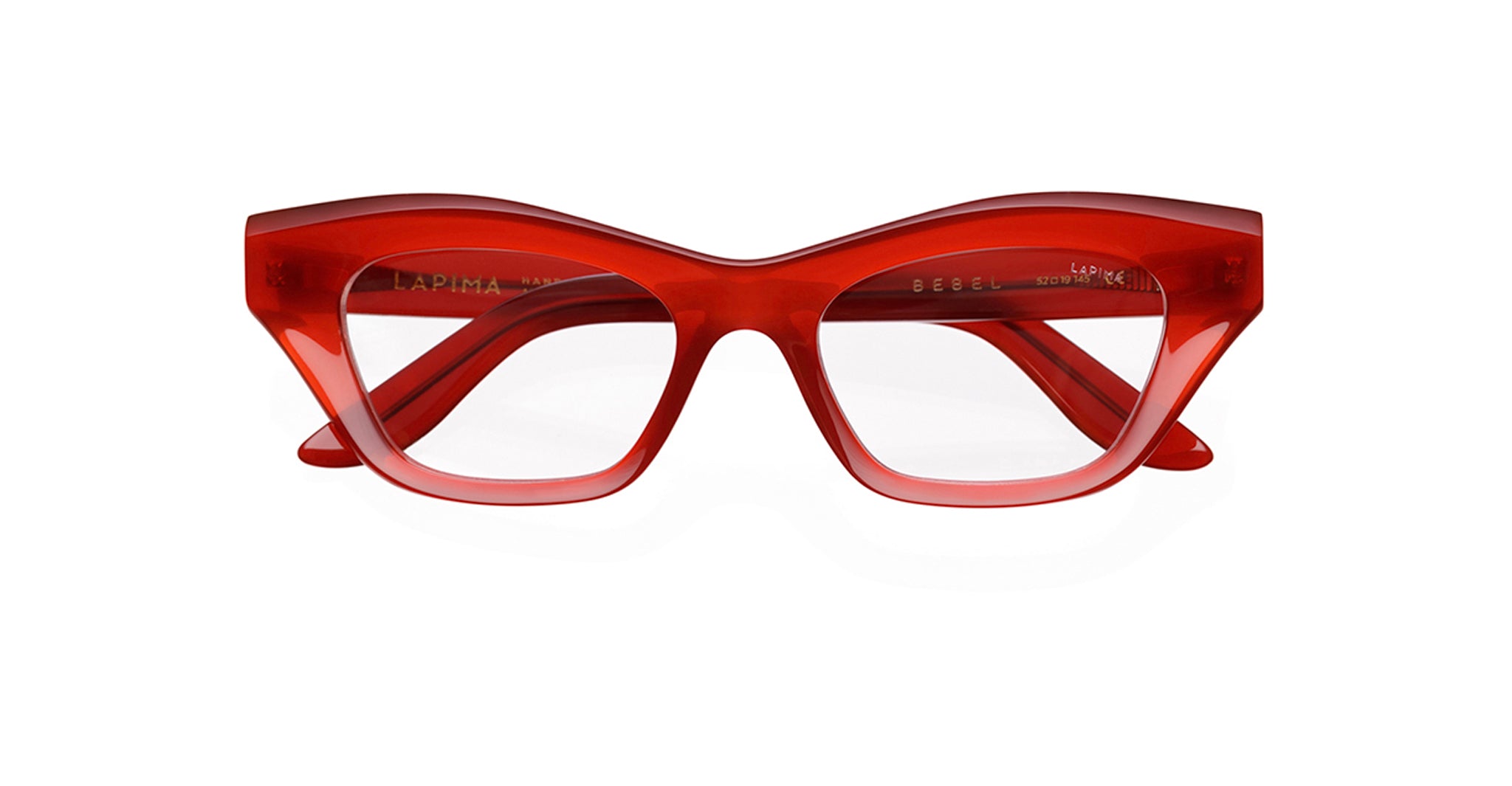 Red, thick-rimmed eyeglasses with a cat-eye shape and clear lenses, shown from the front on a white background.
