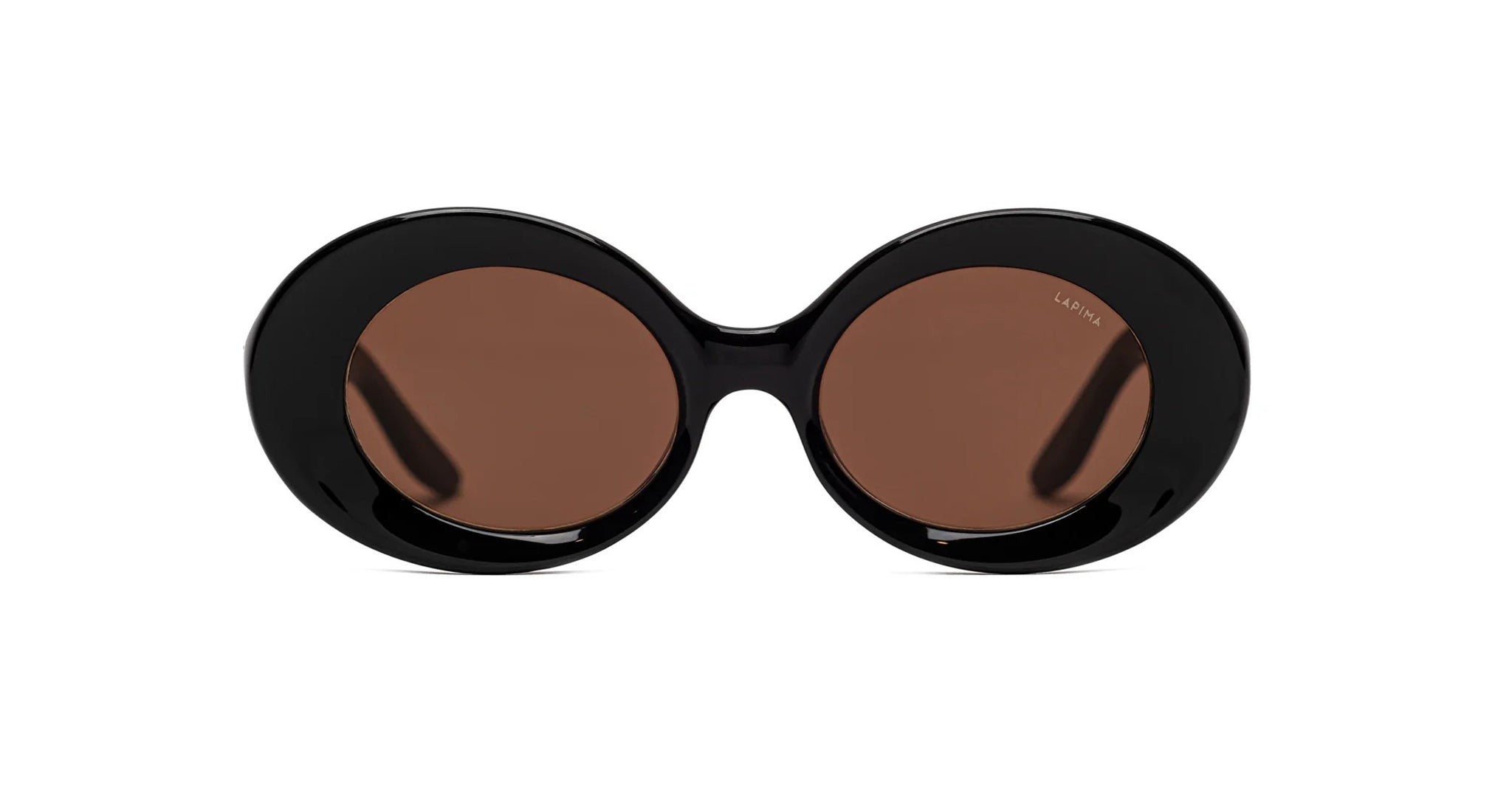 Lapima Madalena sunglasses by Lapima, black round frames with thick rims and brown tinted lenses, shown from the front.