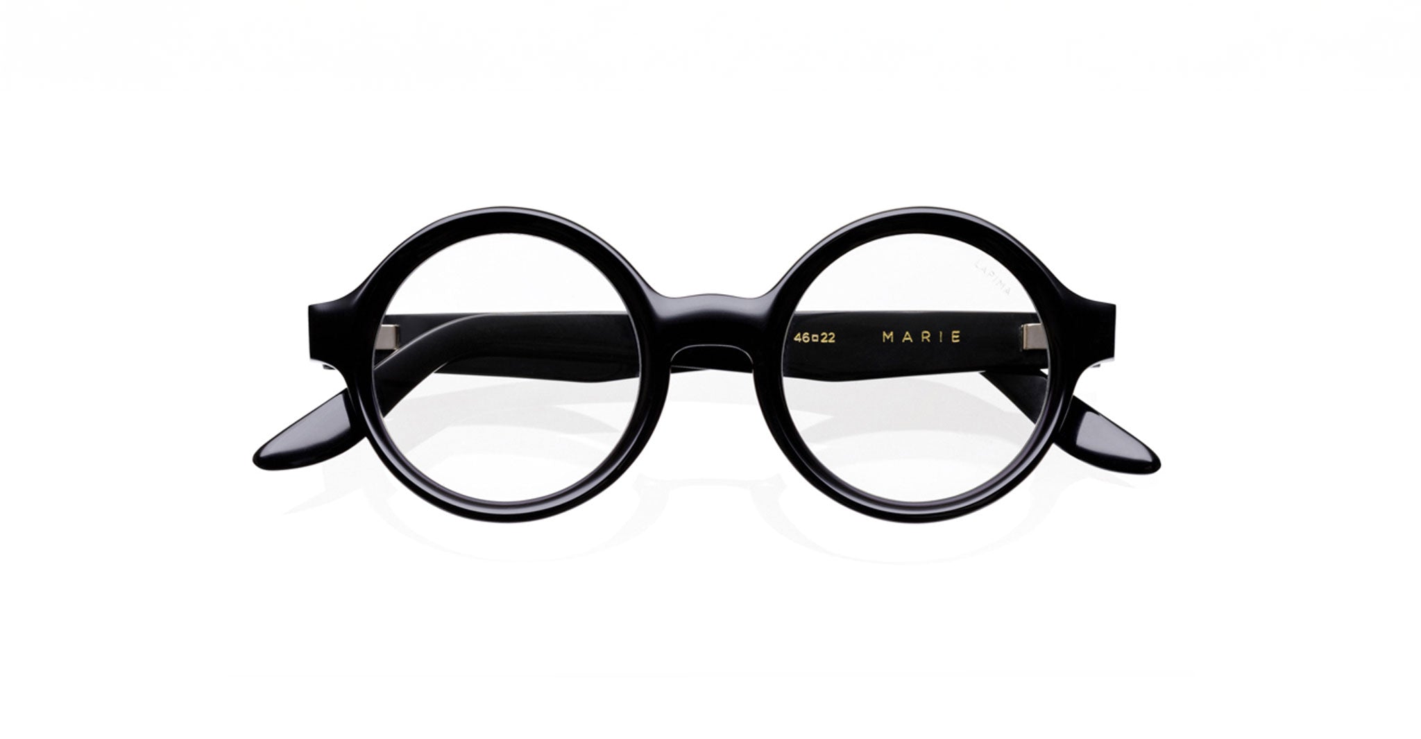 Lapima Marie black round optical eyeglasses made from Italian acetate feature thick frames and the word MARIE on the inner left arm. Shown from the front against a white background, these vintage-inspired frames offer timeless style.