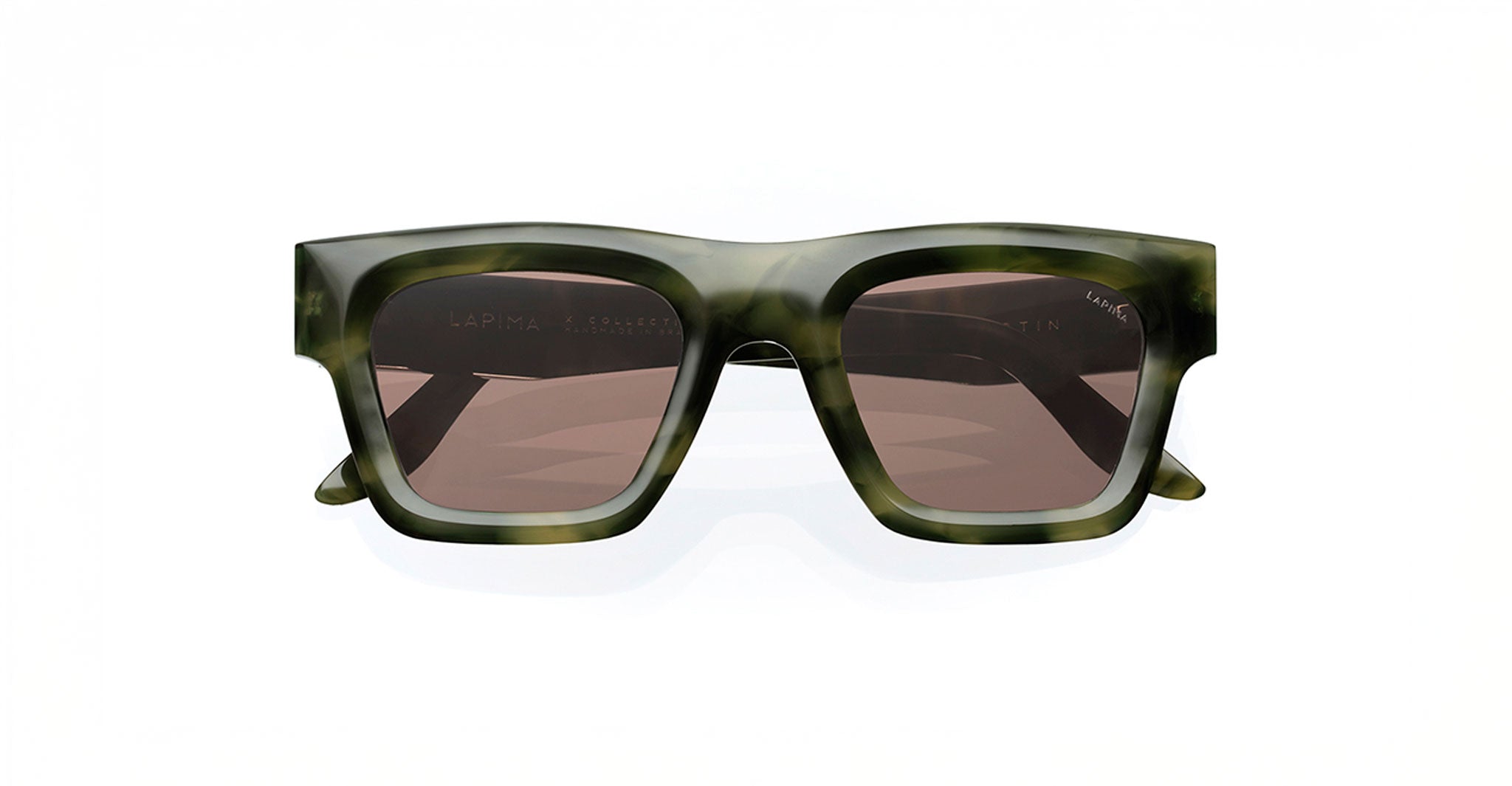 Lapima Martin rectangular sunglasses feature thick green marbled Italian acetate frames and dark-tinted lenses, handcrafted in Brazil. Displayed against a plain white background.