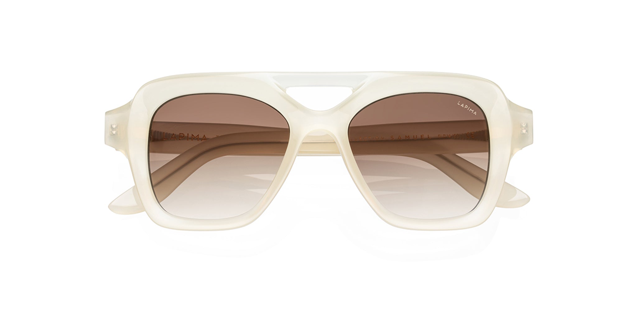 Front view of Lapima Samuel oversized sunglasses featuring square, glossy ivory frames and gradient brown lenses, set against a white background.