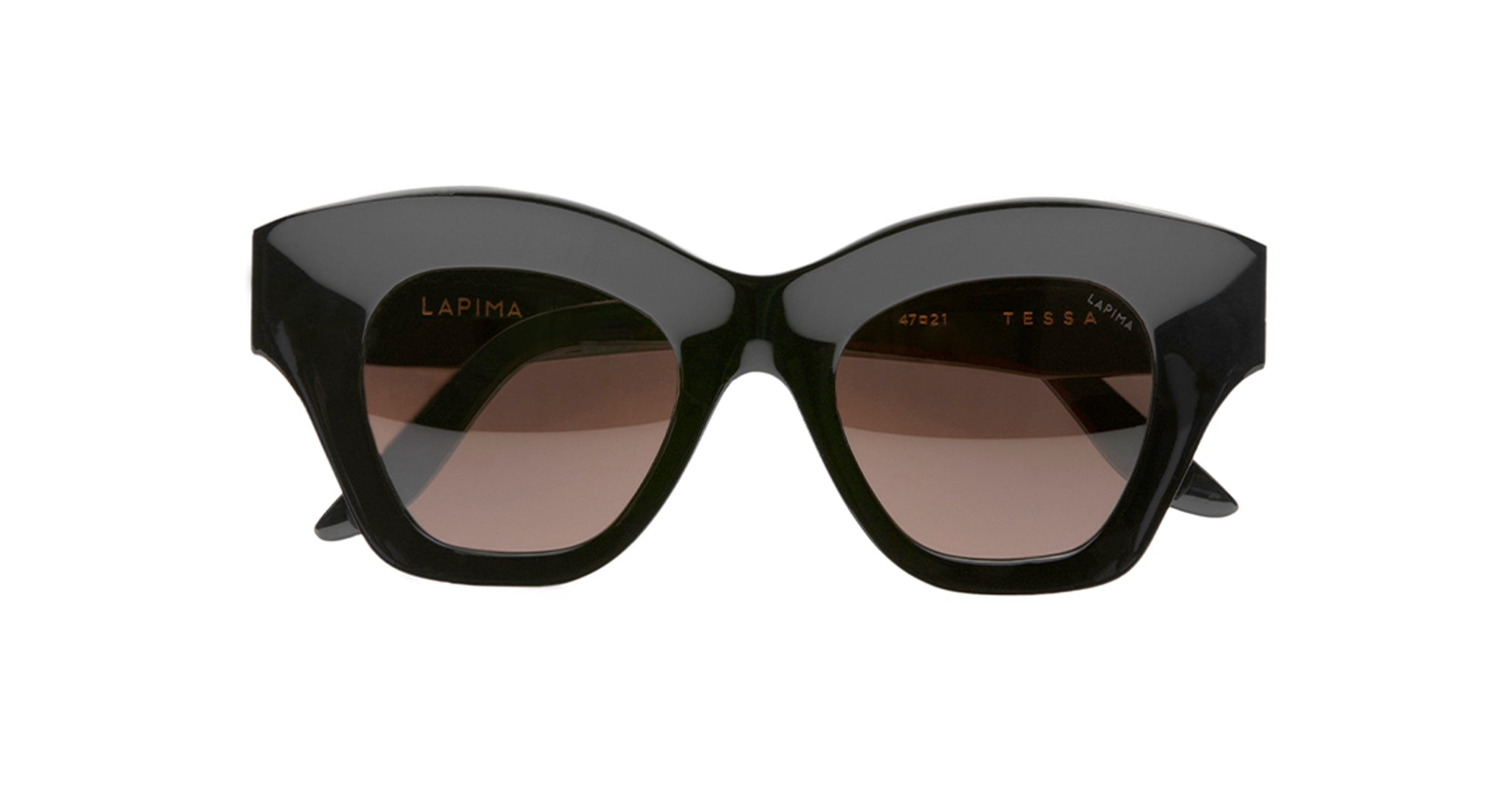 The Lapima Tessa sunglasses feature bold, black cat-eye frames crafted from Italian acetate and brown gradient lenses. The brand name LAPIMA appears on the left lens when viewed from the front.